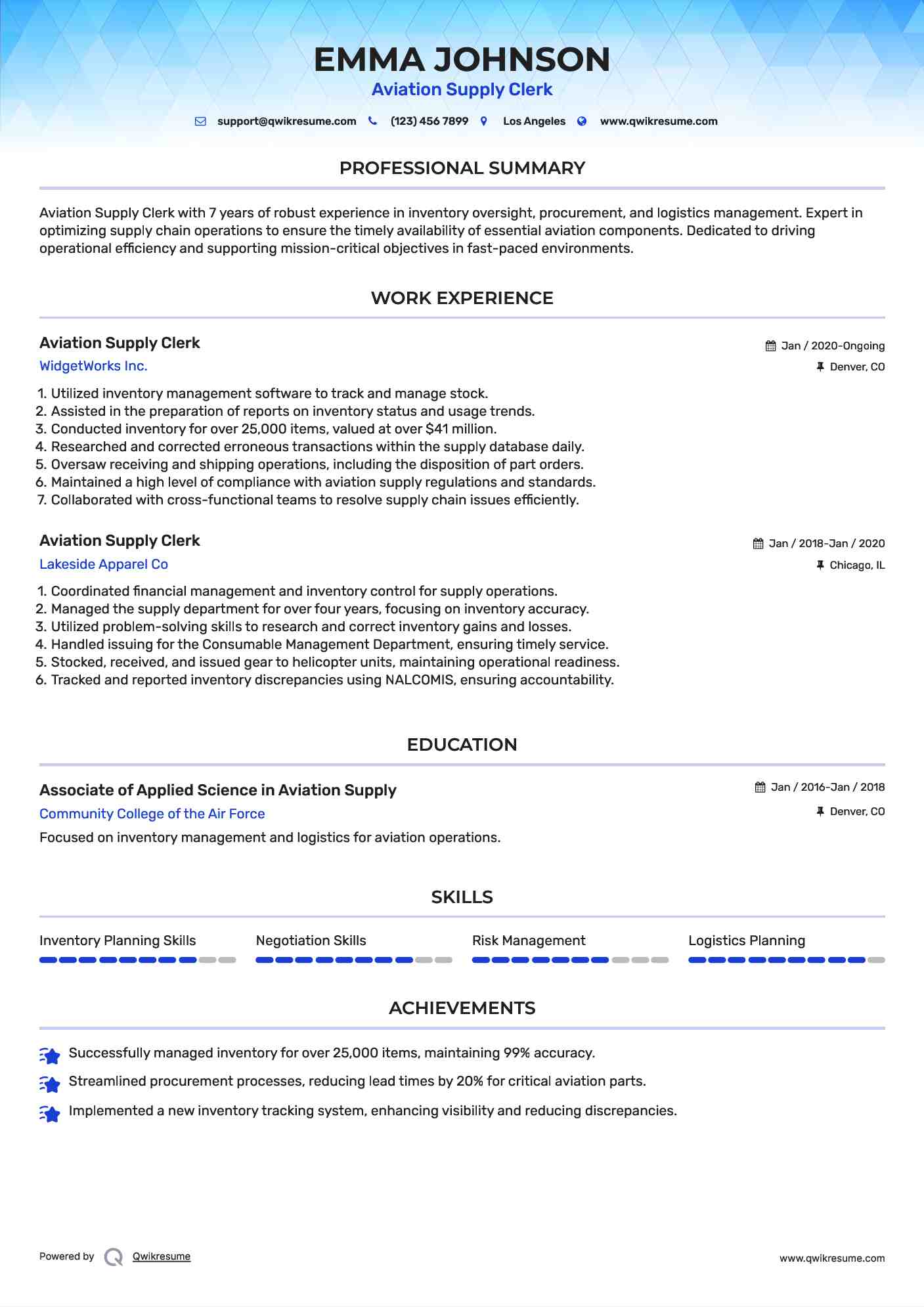 Aviation Supply Clerk Resume Template