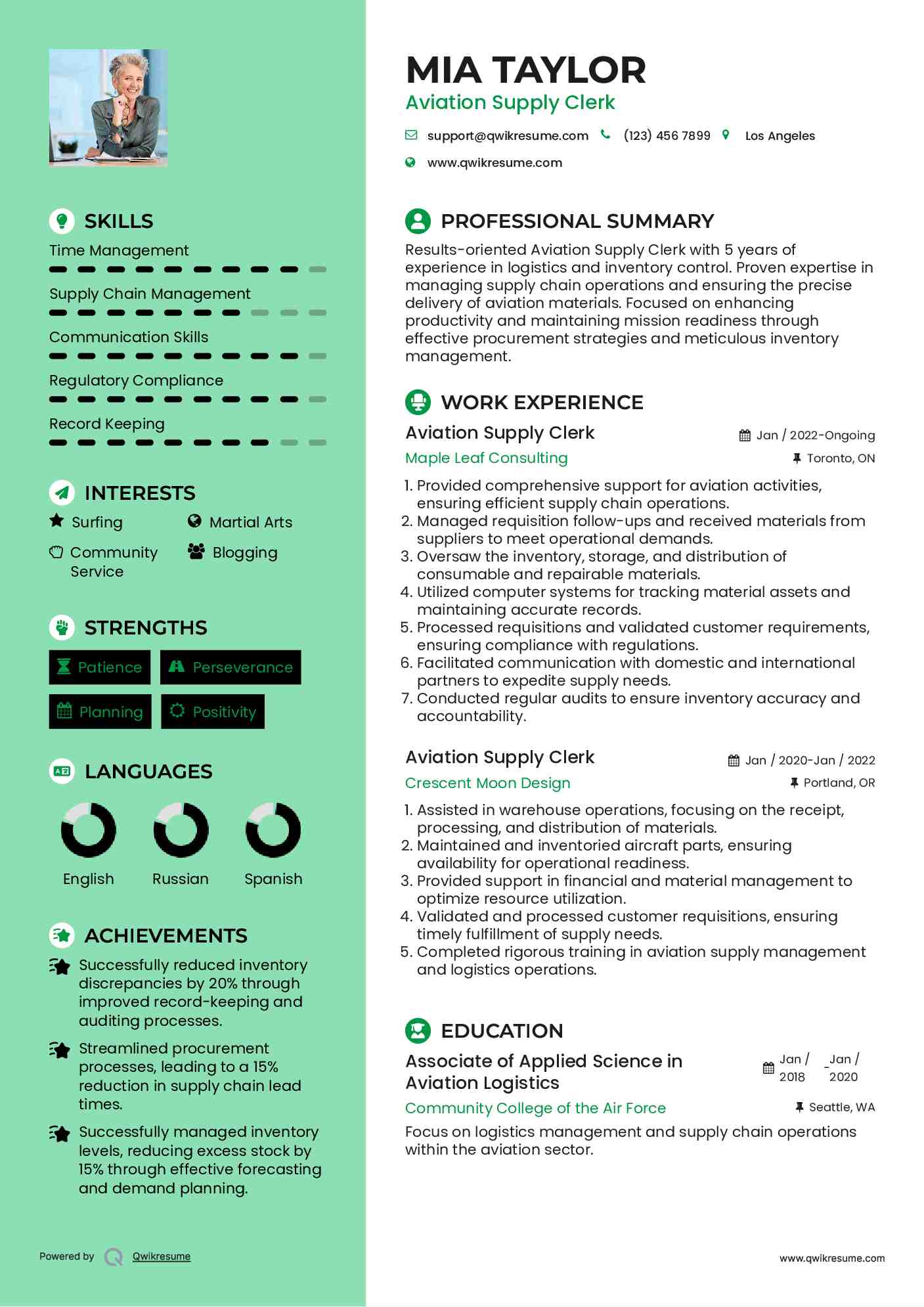 Aviation Supply Clerk Resume Example