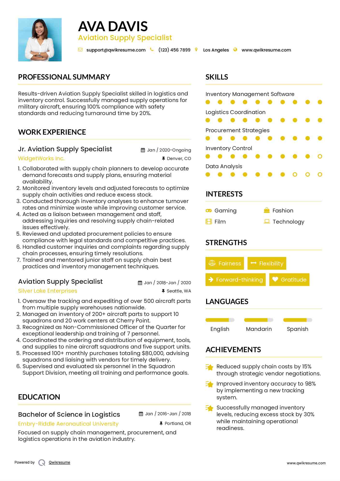 Jr. Aviation Supply Specialist Resume Example