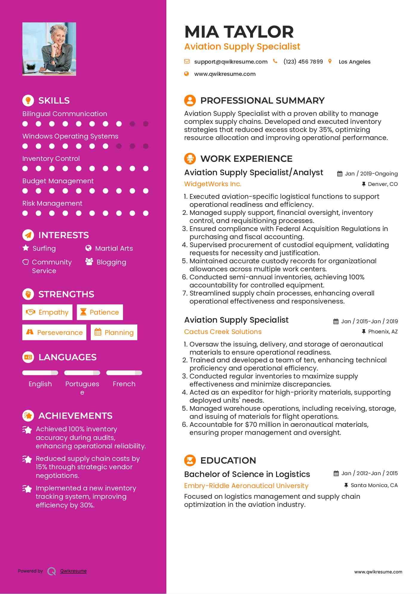 Aviation Supply Specialist/Analyst Resume Sample