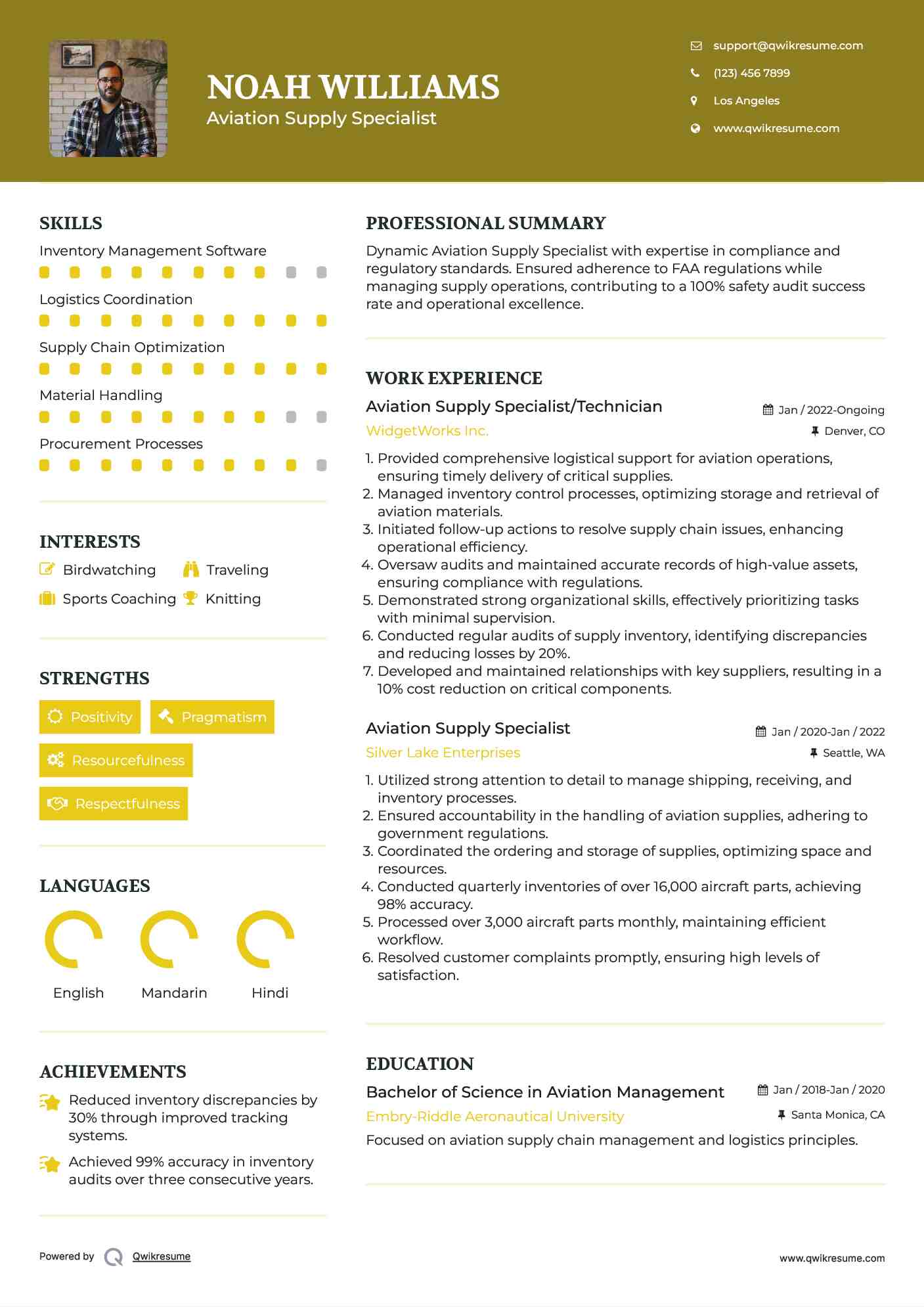 Aviation Supply Specialist/Technician Resume Example