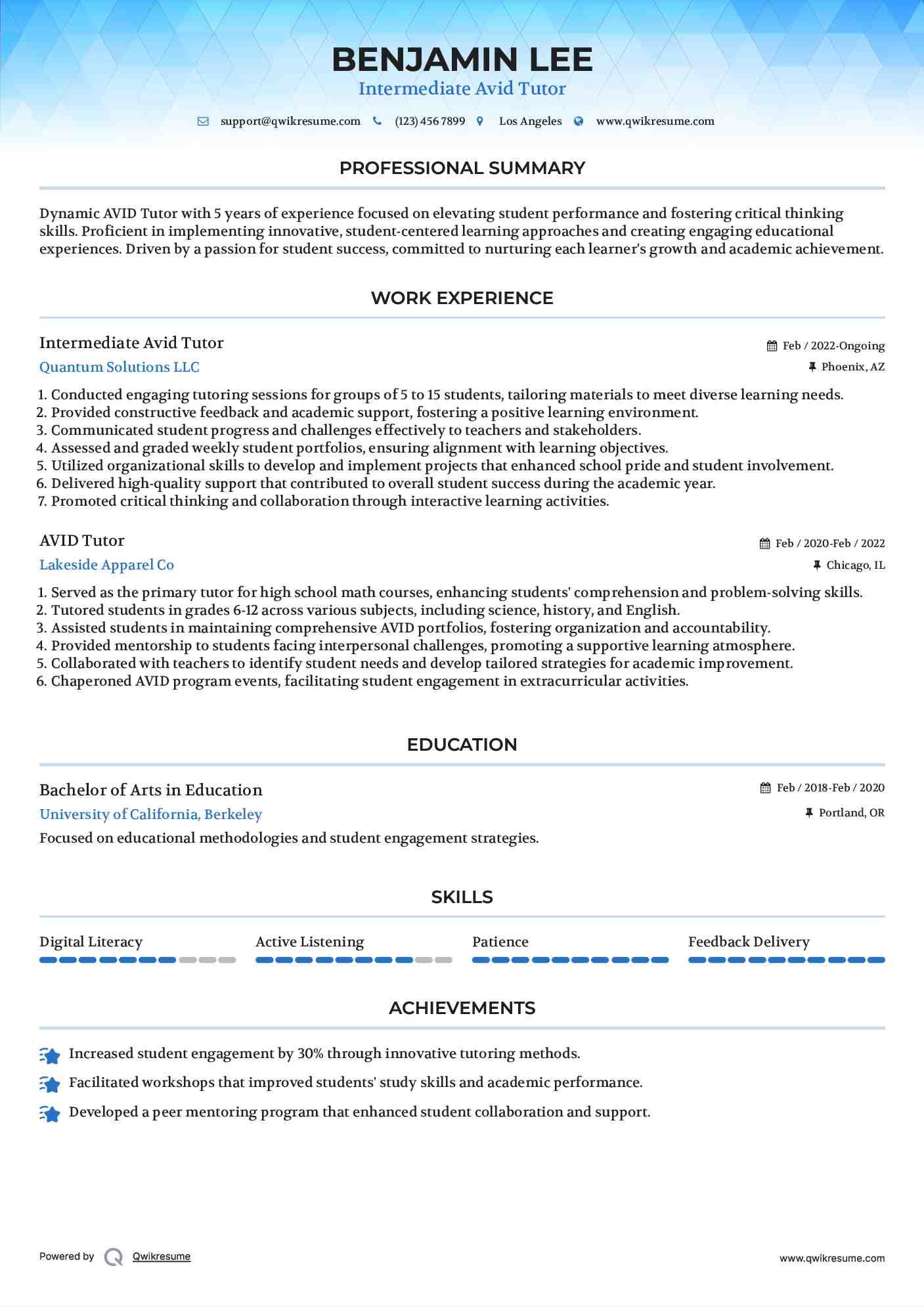 Intermediate Avid Tutor Resume Sample
