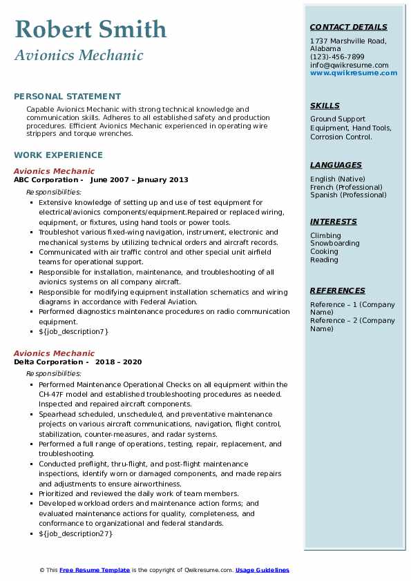 Avionics Mechanic Resume Samples QwikResume