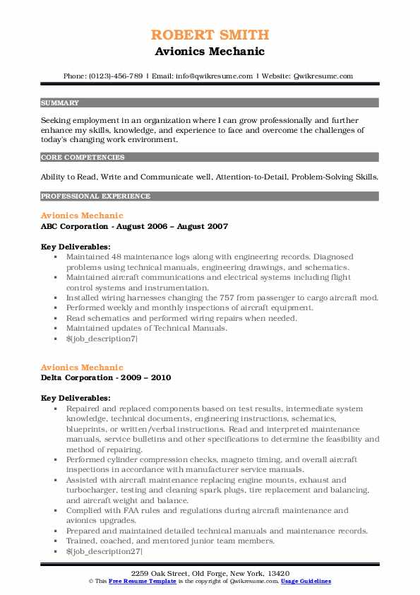 Avionics Mechanic Resume Samples QwikResume