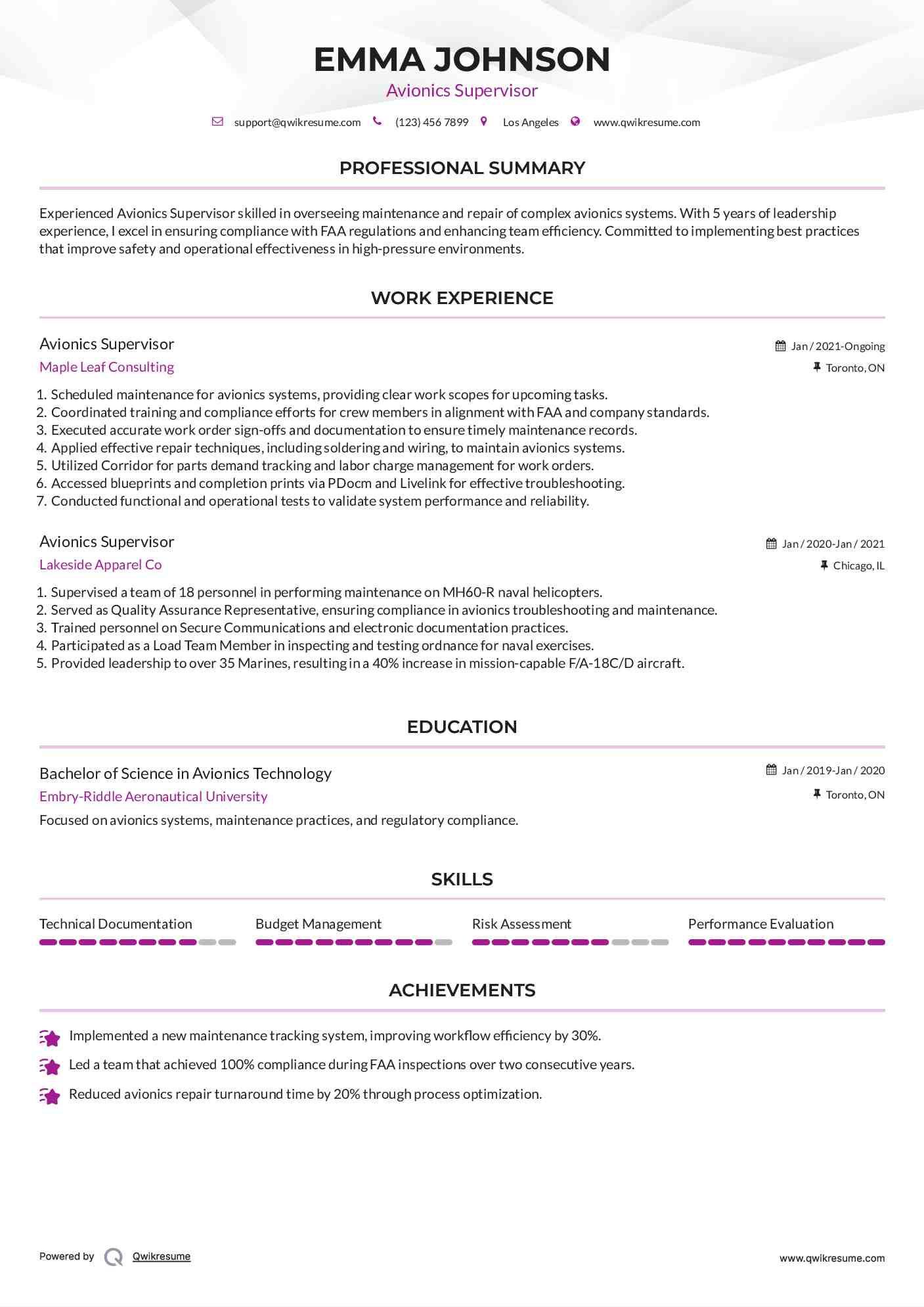 Avionics Supervisor Resume Example
