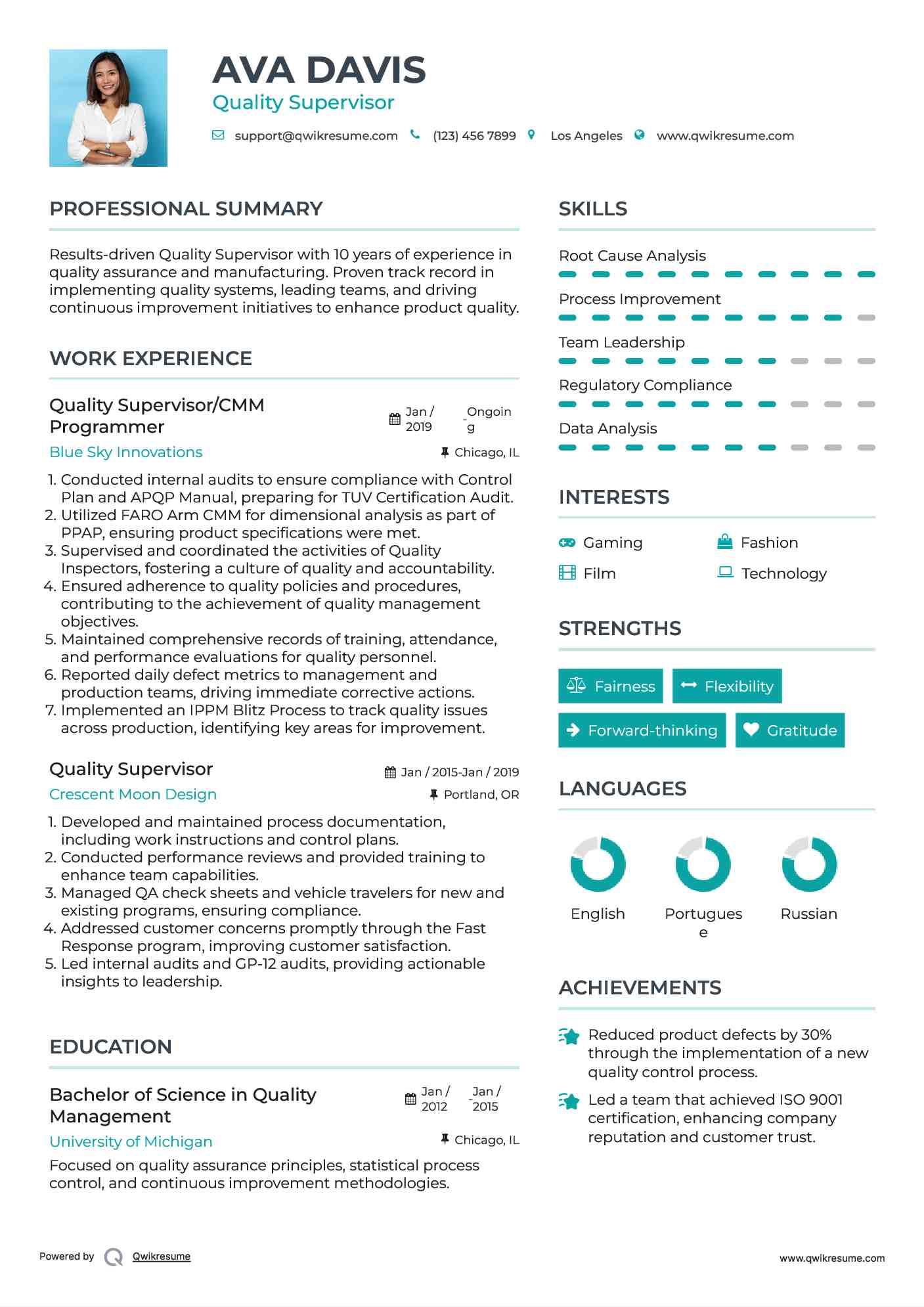 Quality Supervisor/CMM Programmer Resume Example
