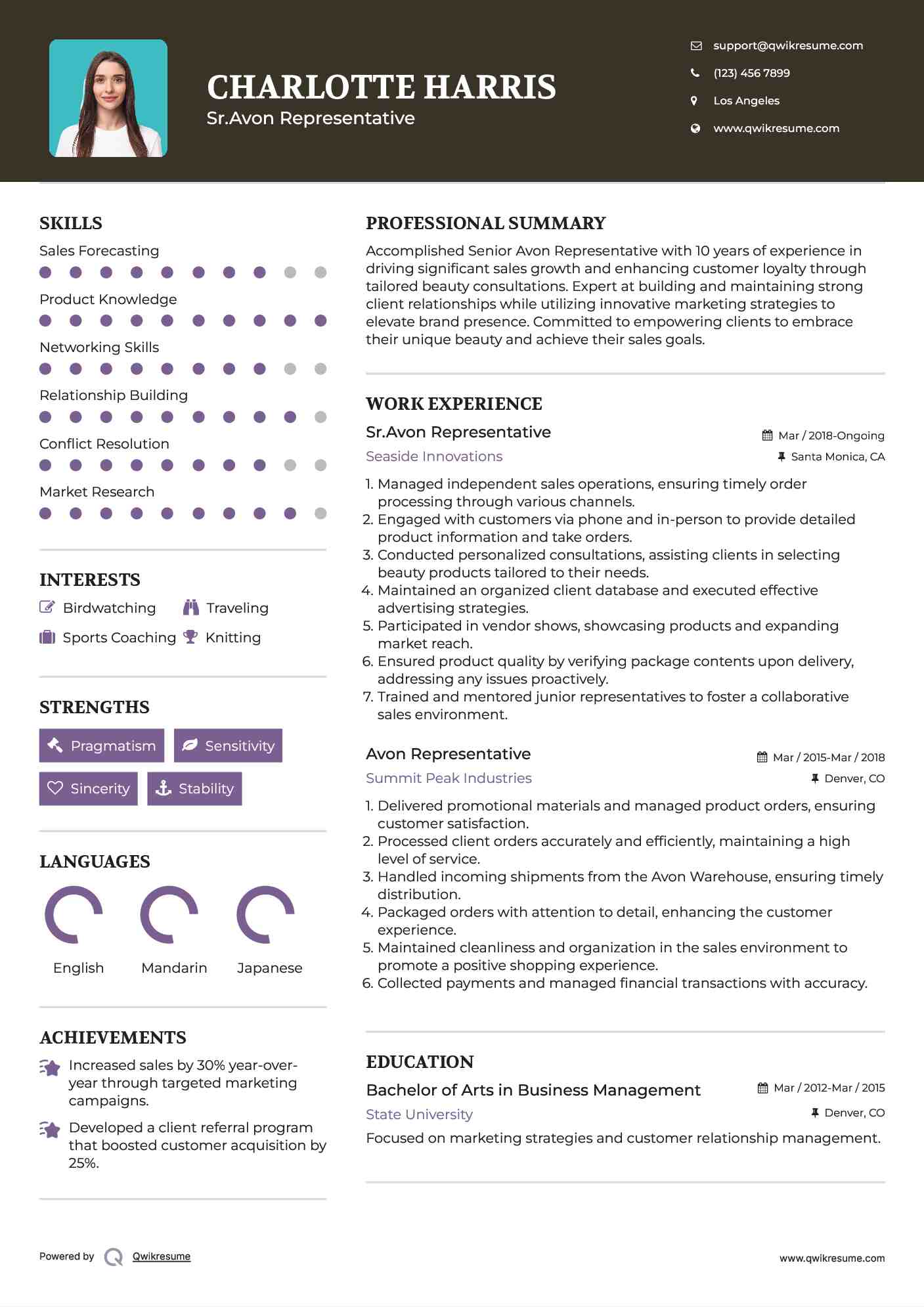 Sr.Avon Representative Resume Example