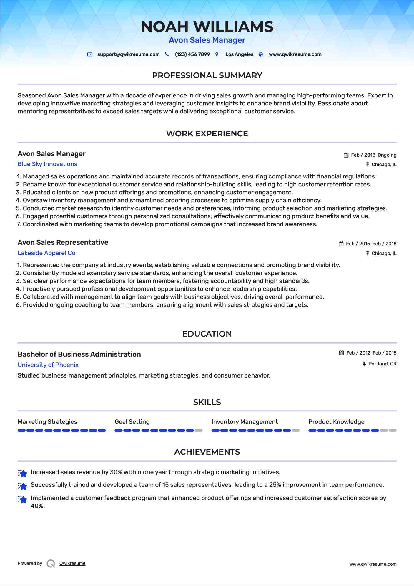 Avon Sales Manager Resume Template