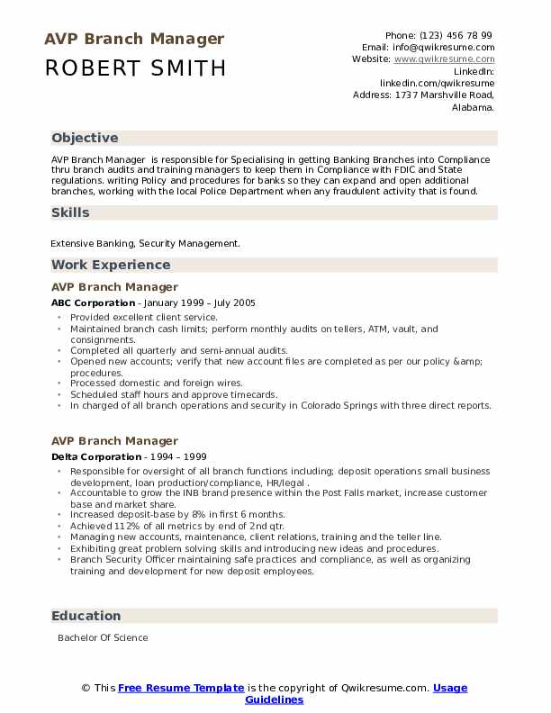AVP Branch Manager Resume Samples QwikResume