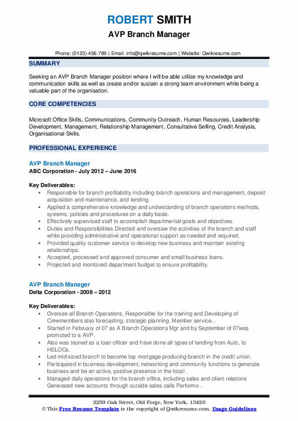 AVP Branch Manager Resume Samples QwikResume