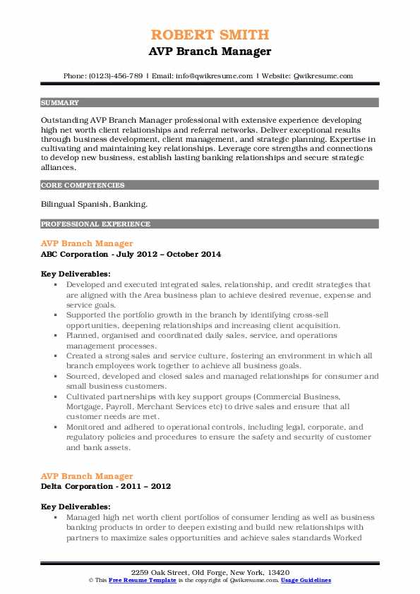 AVP Branch Manager Resume Samples QwikResume