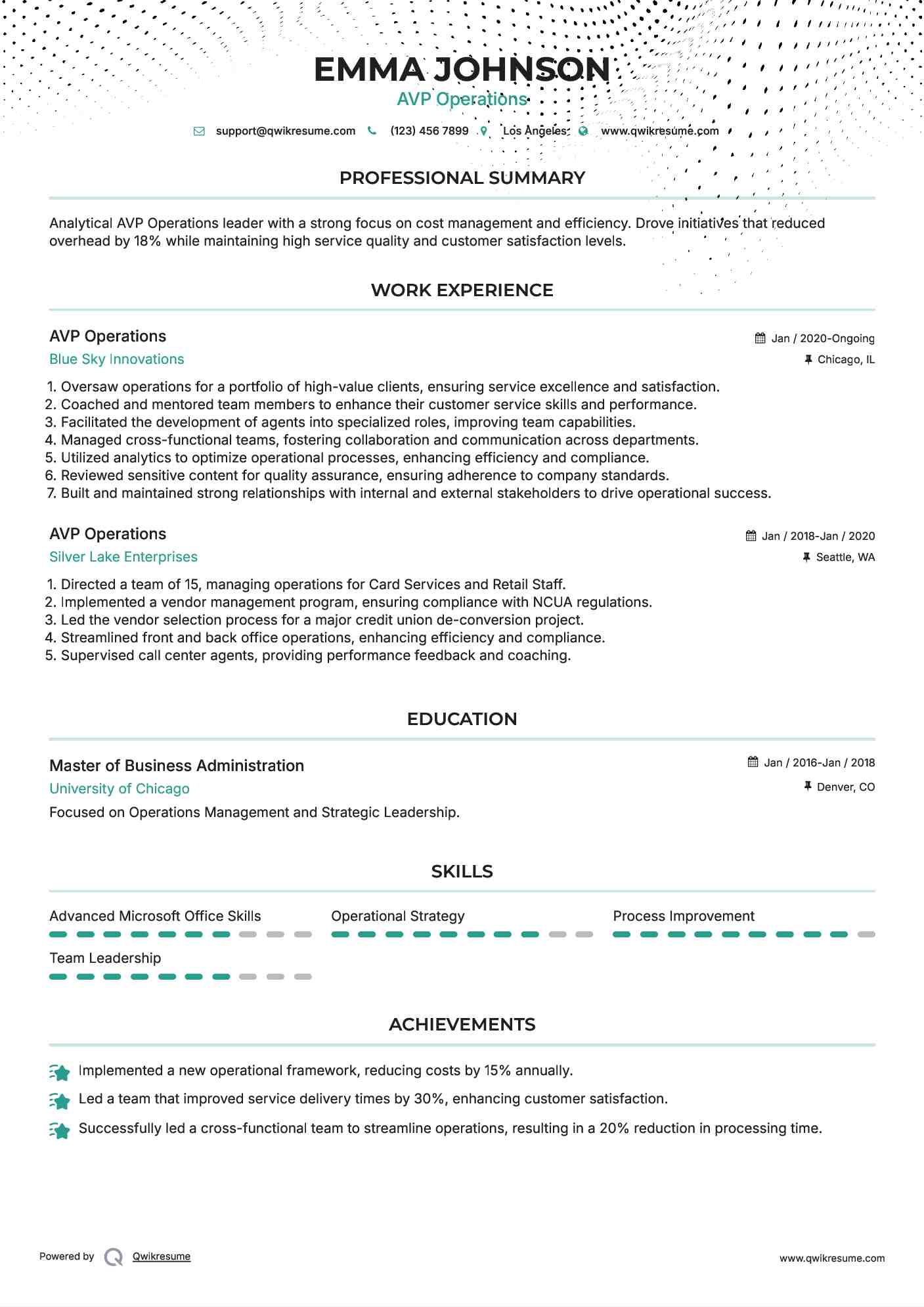 AVP Operations Resume Sample
