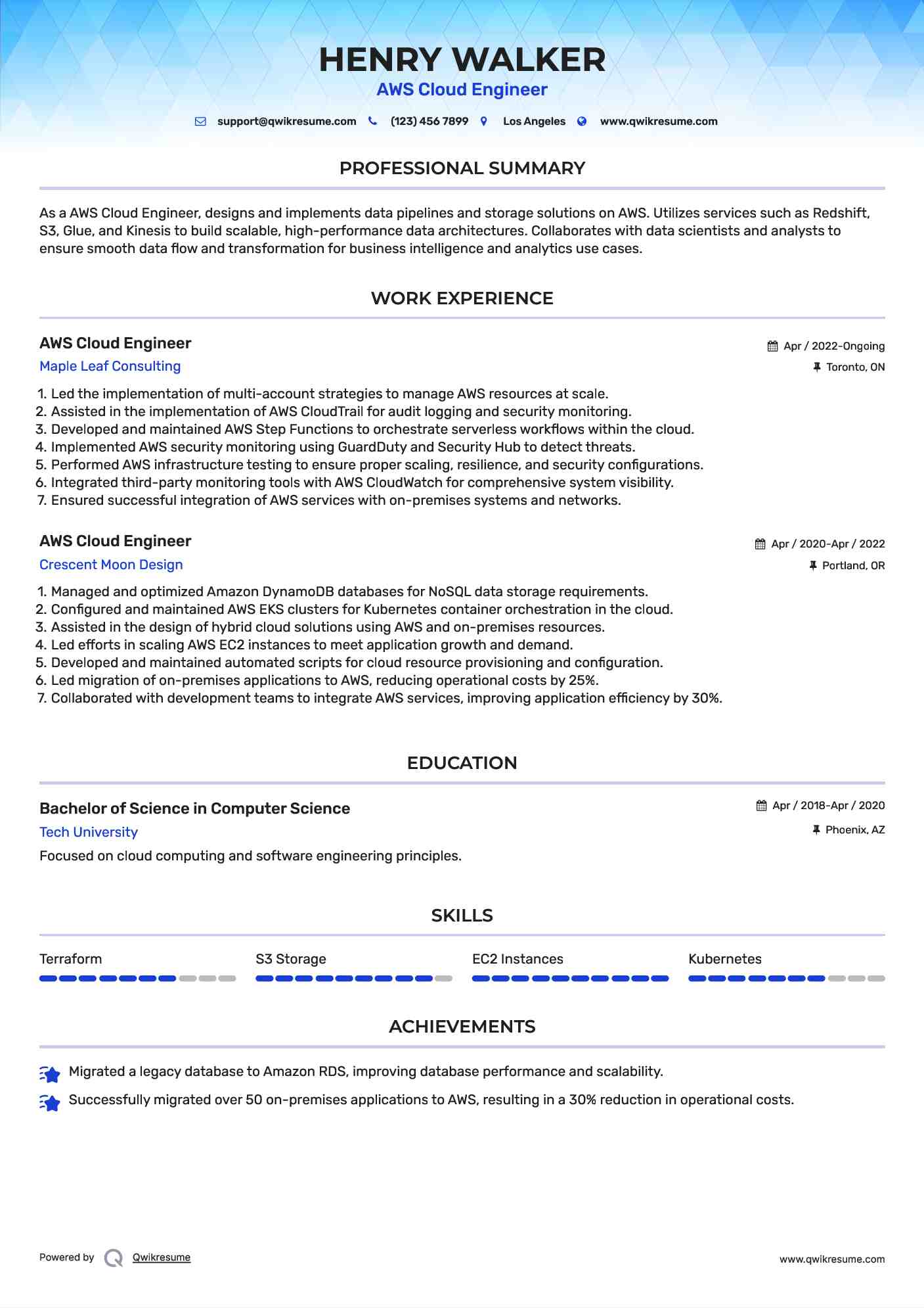 AWS Cloud Engineer Resume Example