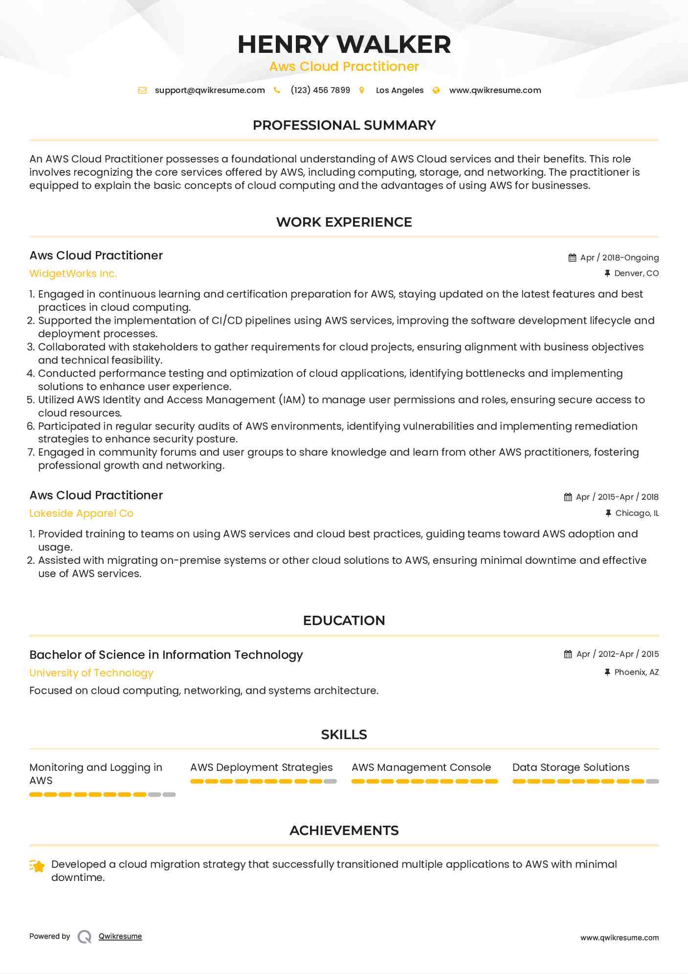 Aws Cloud Practitioner Resume Template