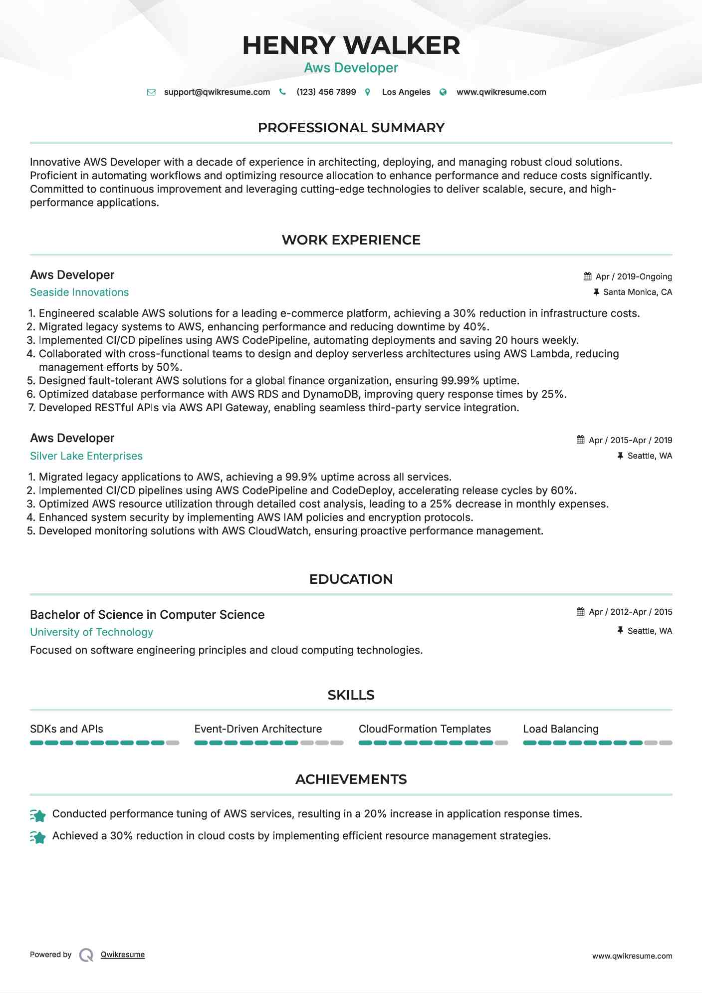 10+ Aws Developer Resume Samples & Templates for 2025