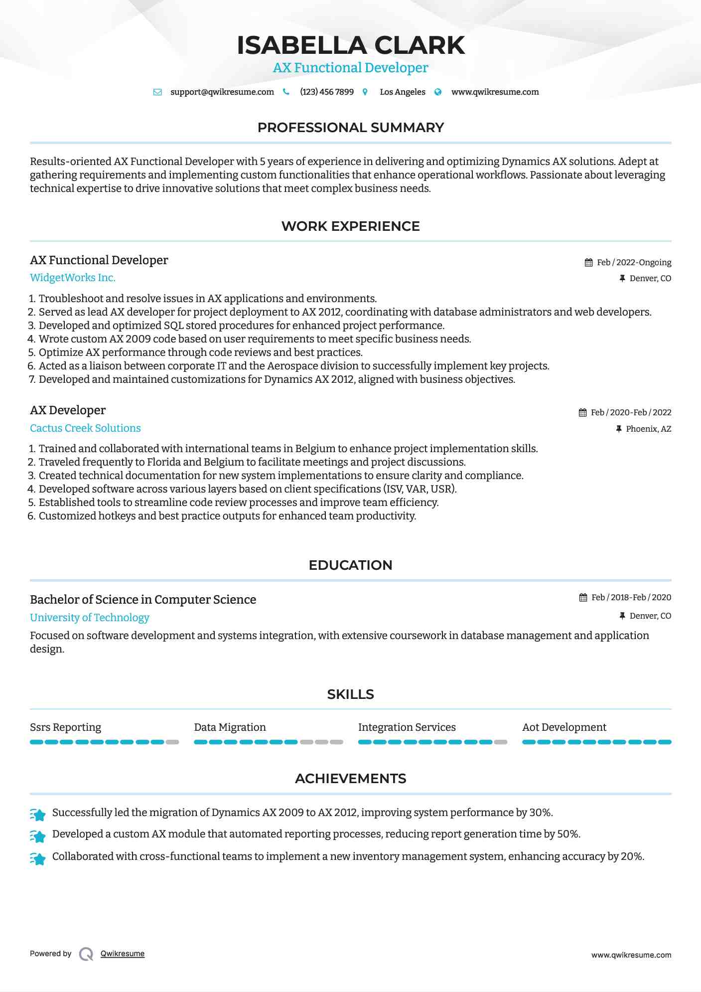 AX Functional Developer Resume Example