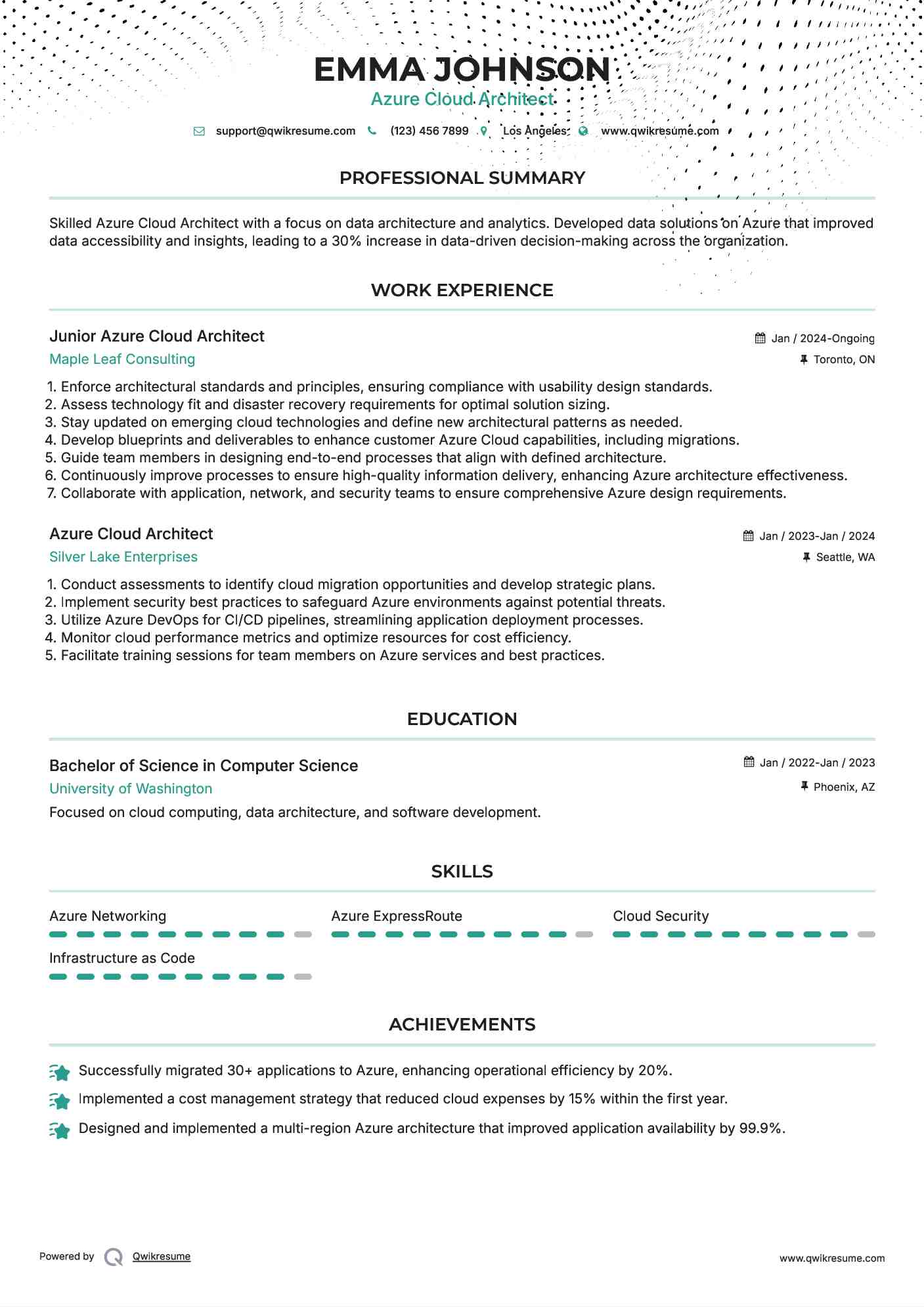 Junior Azure Cloud Architect Resume Sample