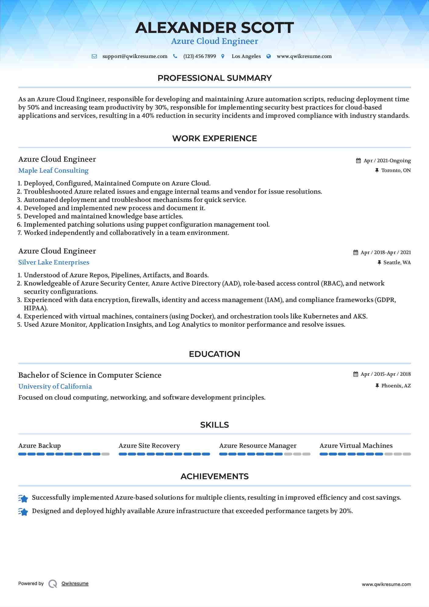 Azure Cloud Engineer Resume Example