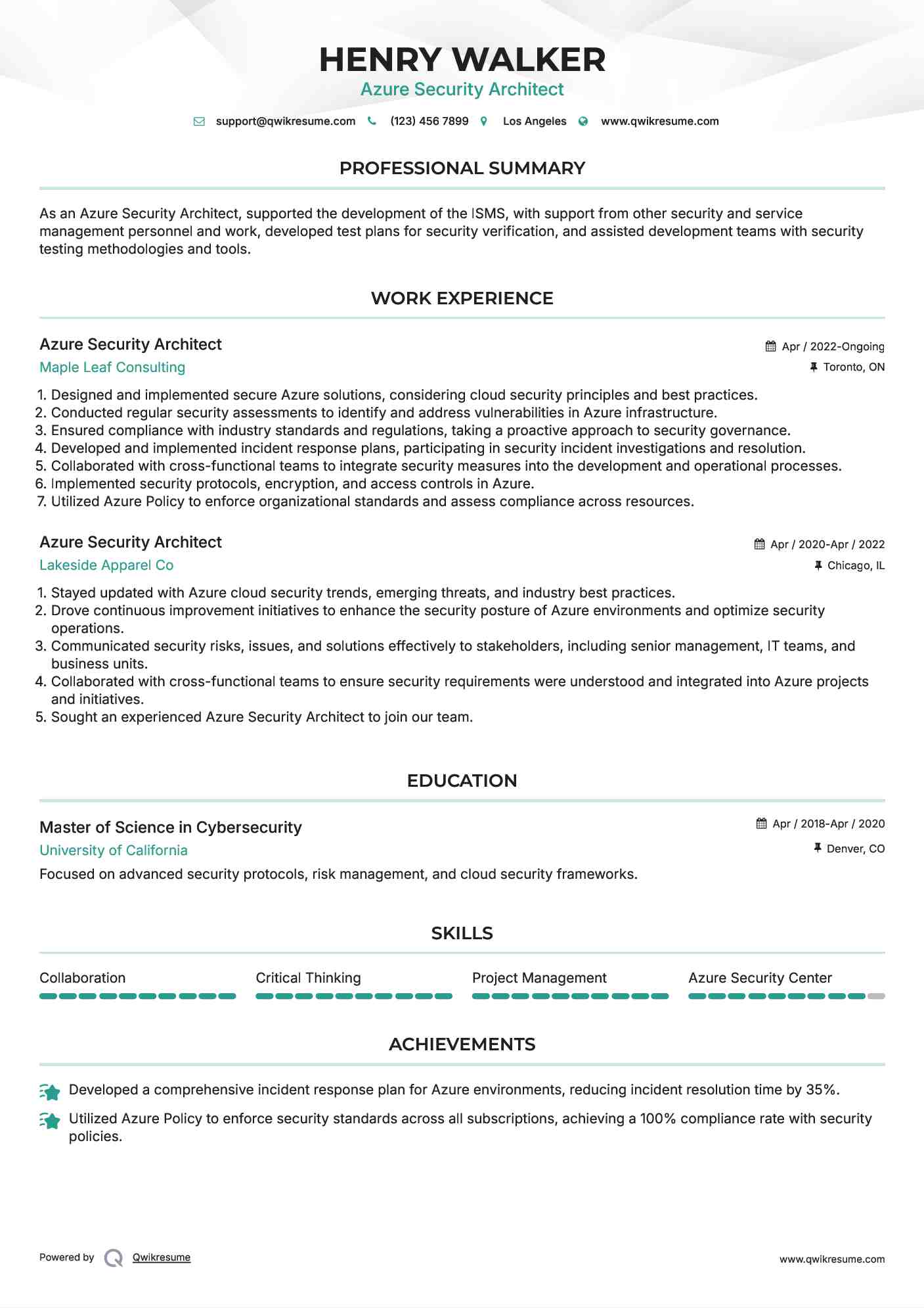 Azure Security Architect Resume Example