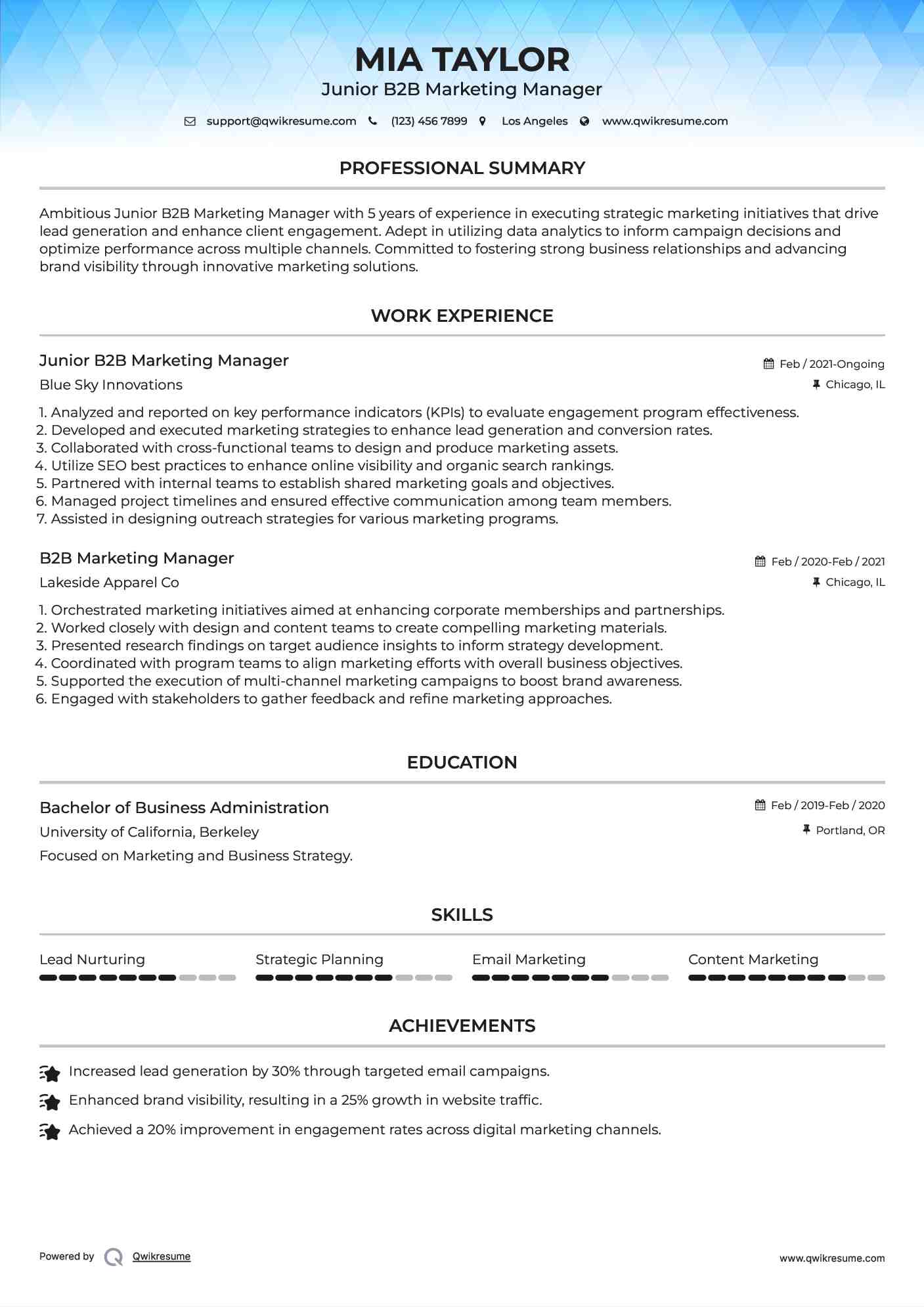 Junior B2B Marketing Manager  Resume Model
