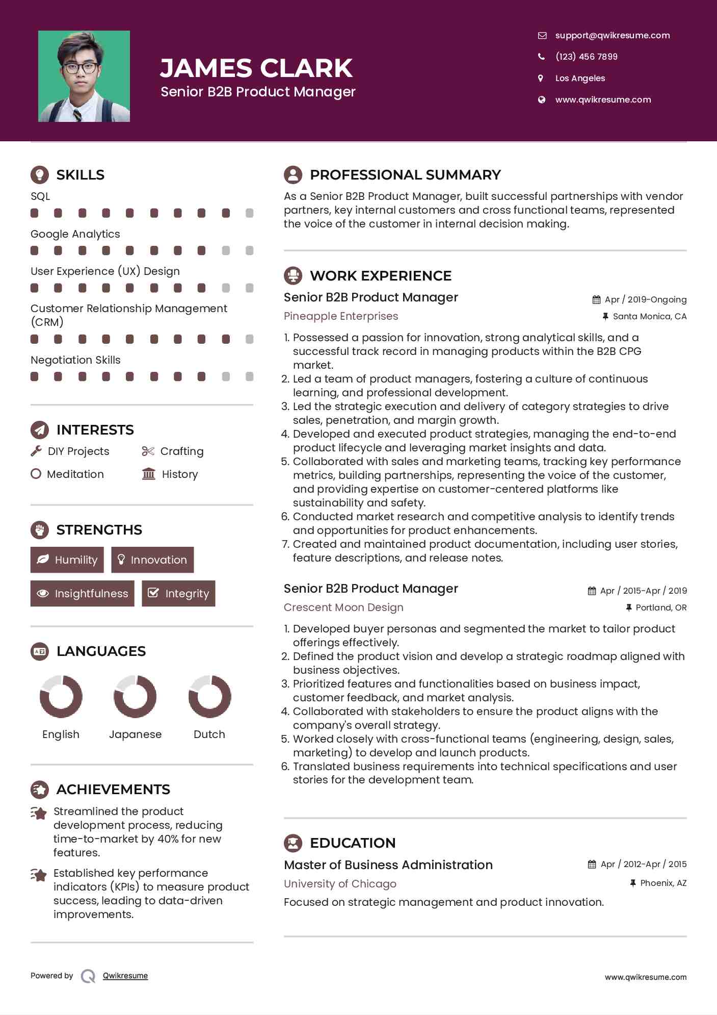 Senior B2B Product Manager Resume Model