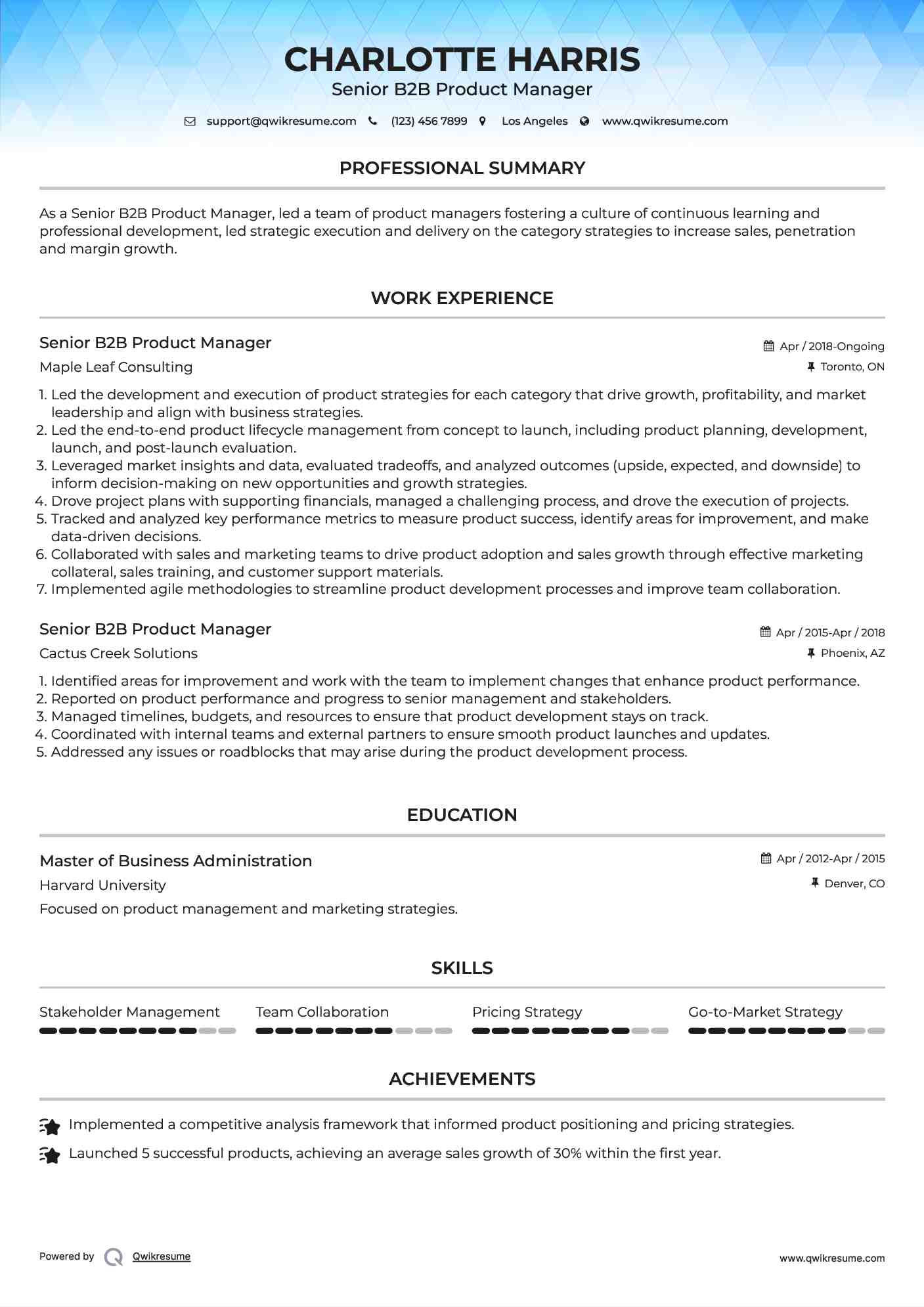 Senior B2B Product Manager Resume Format
