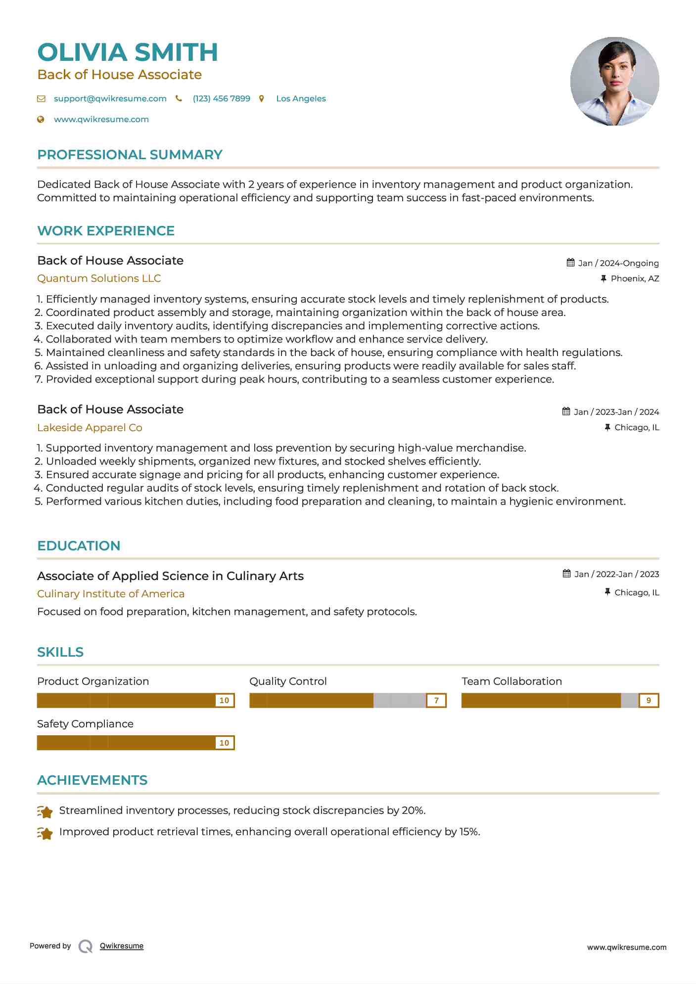 Back of House Associate Resume Model