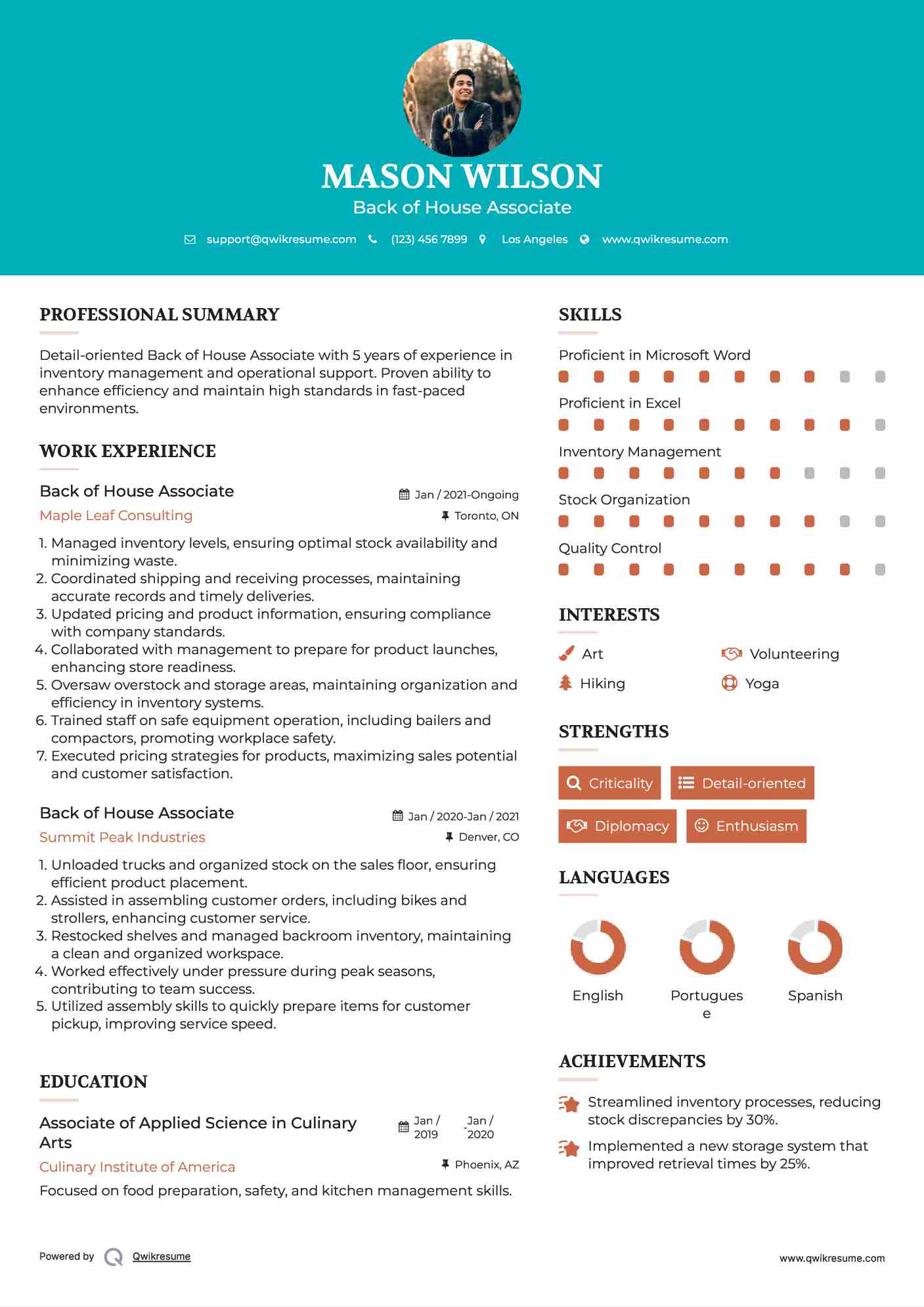 Back of House Associate Resume Format