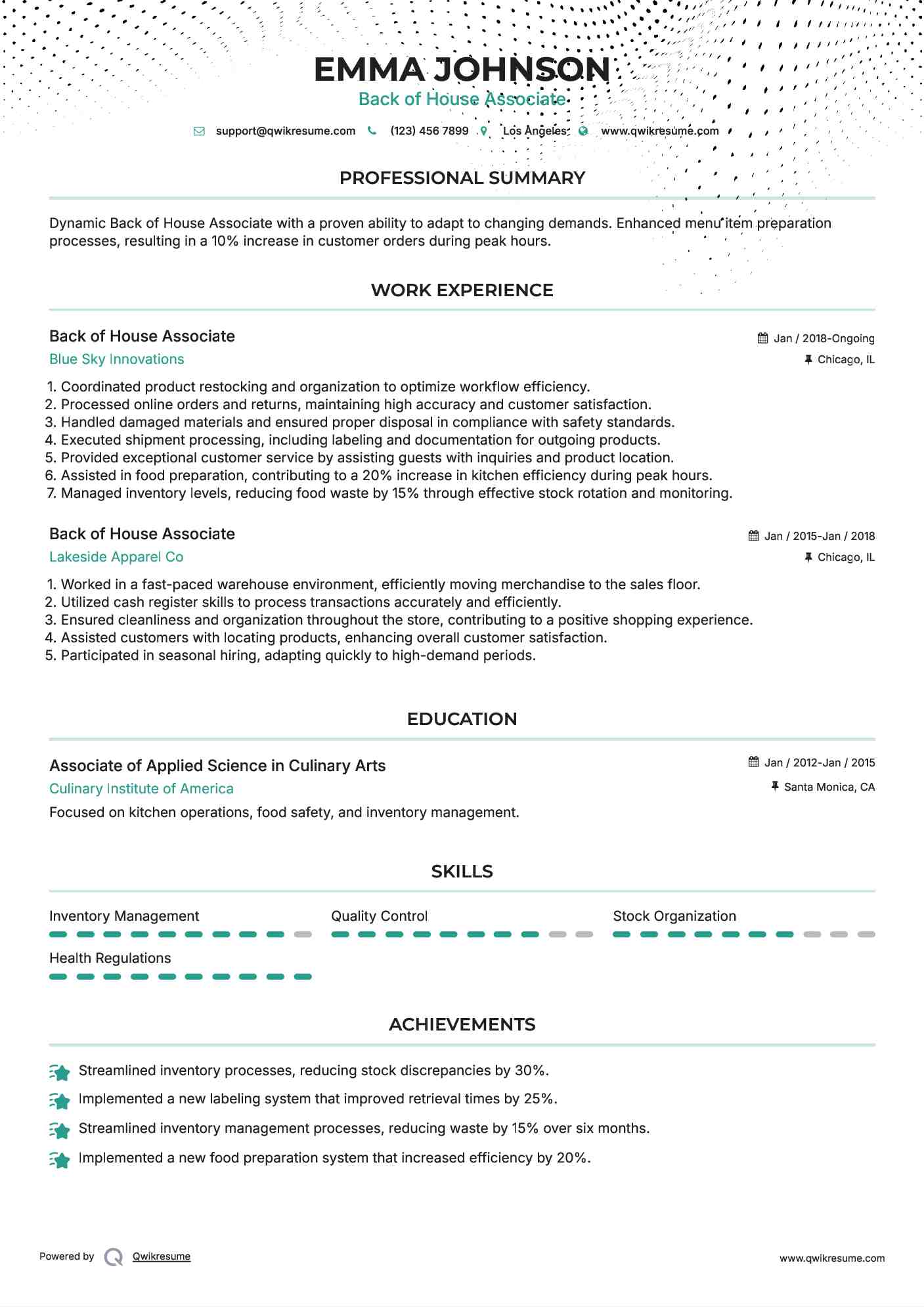 Back of House Associate Resume Model