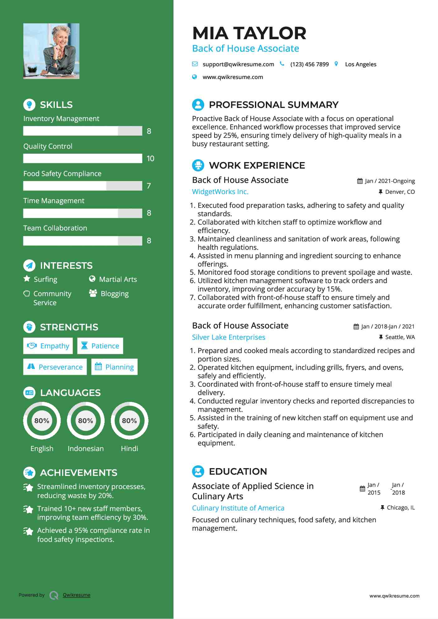 Back of House Associate Resume Format