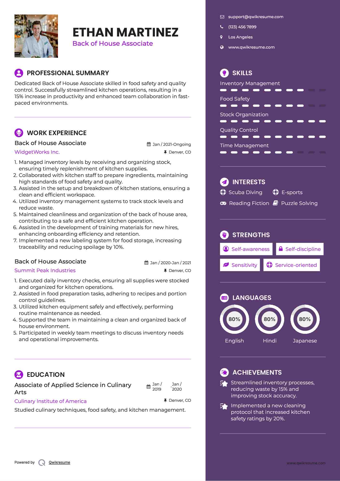 Back of House Associate Resume Model