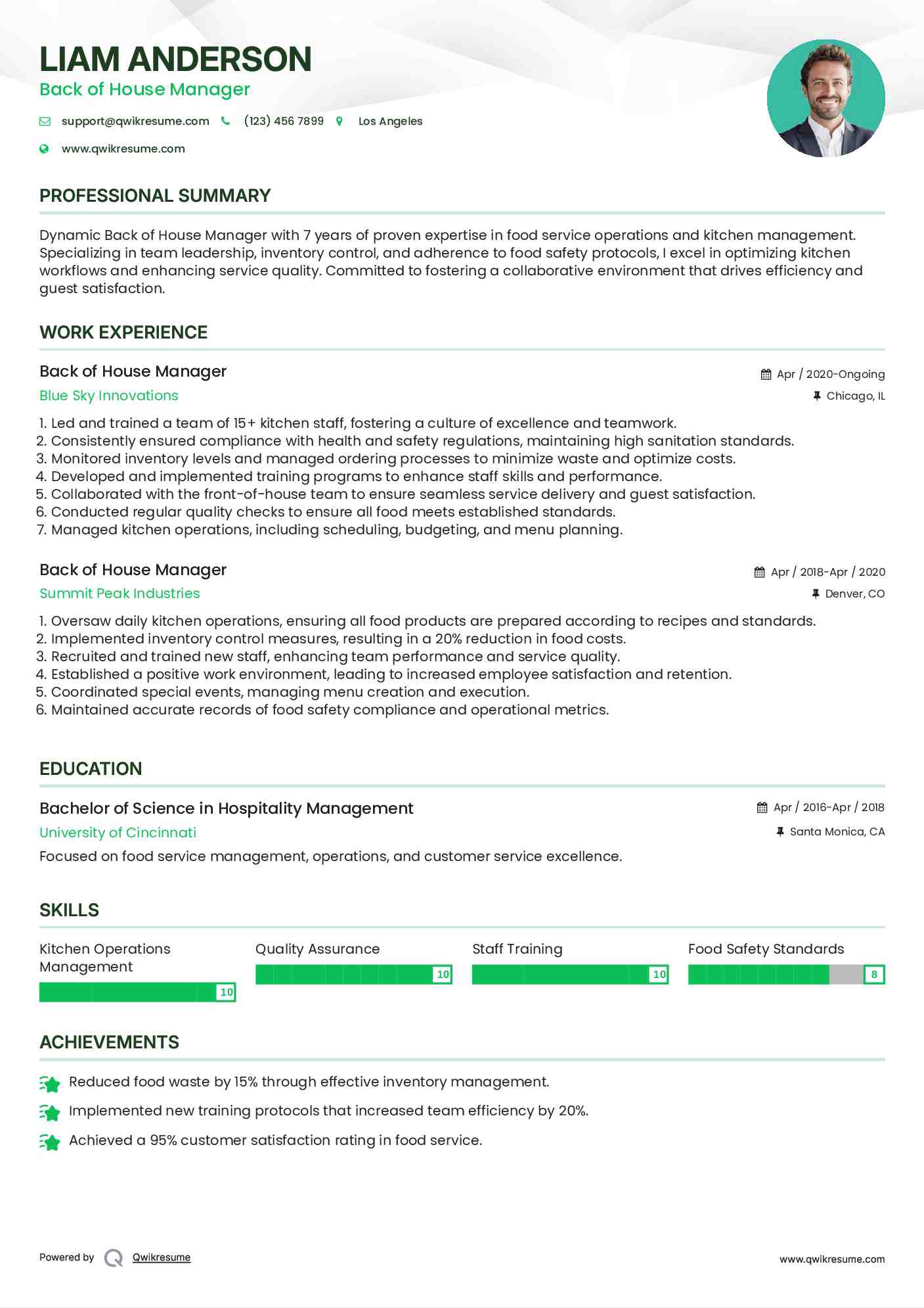 Back of House Manager Resume Sample