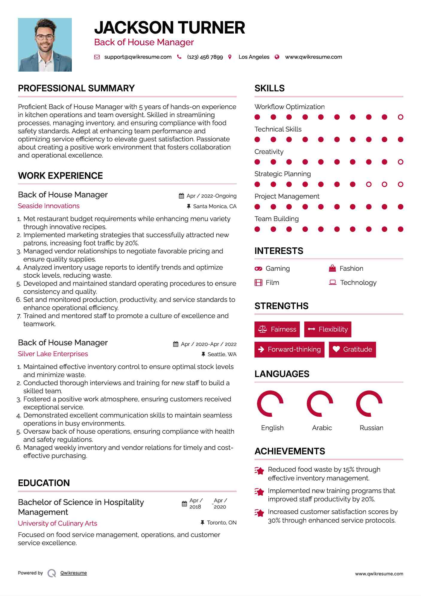 Back of House Manager Resume Format
