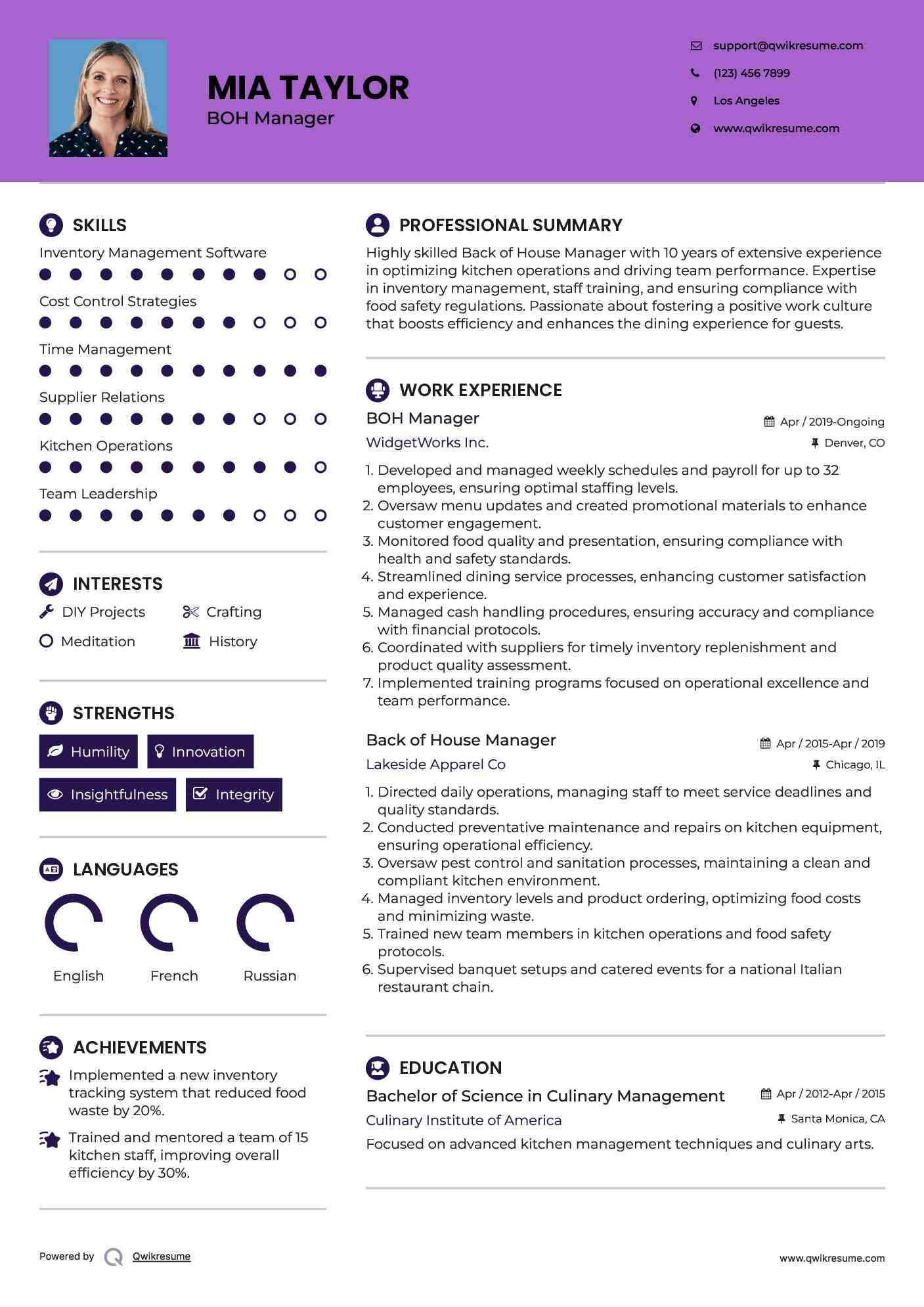 BOH Manager Resume Template