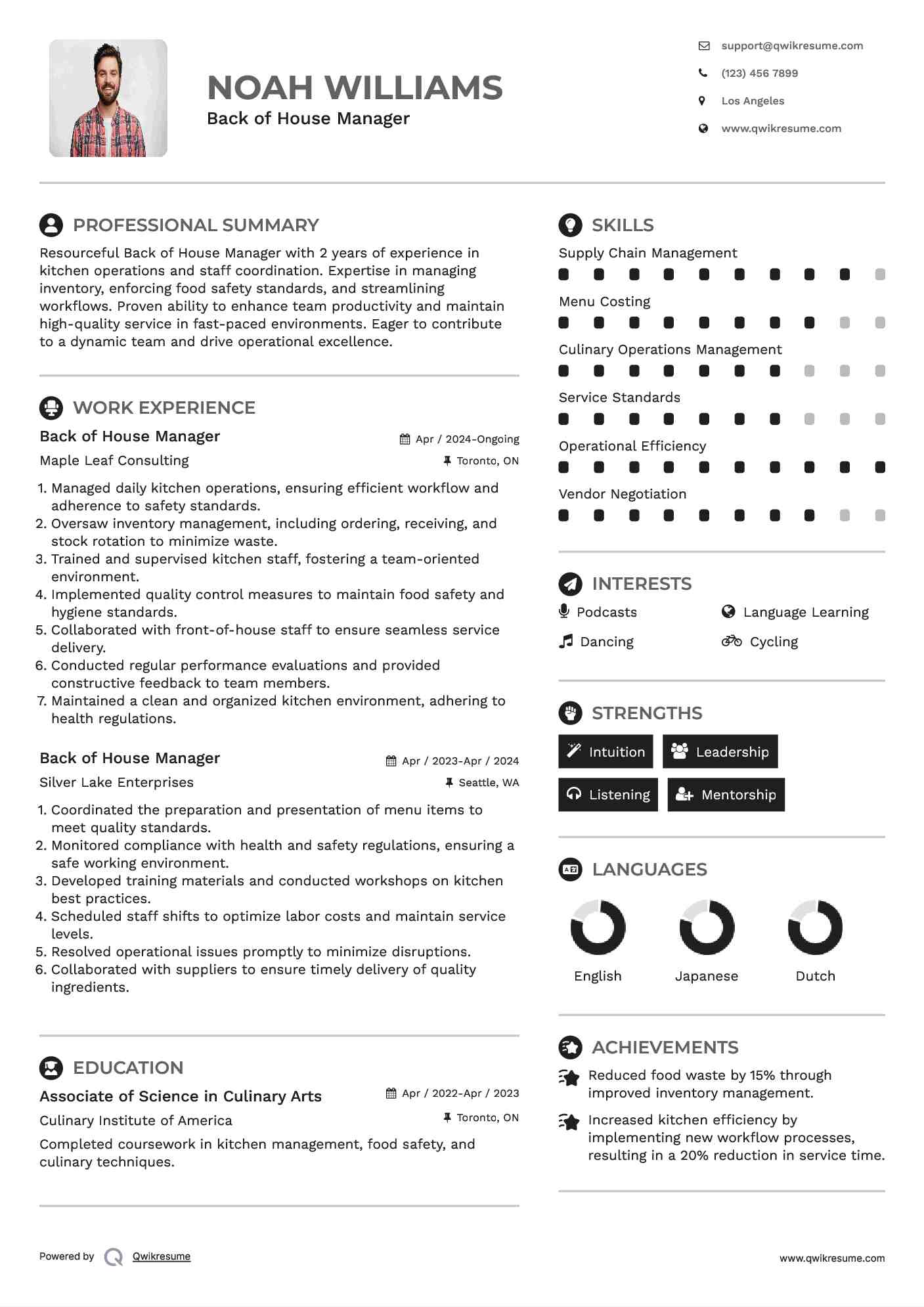 Back of House Manager Resume Sample