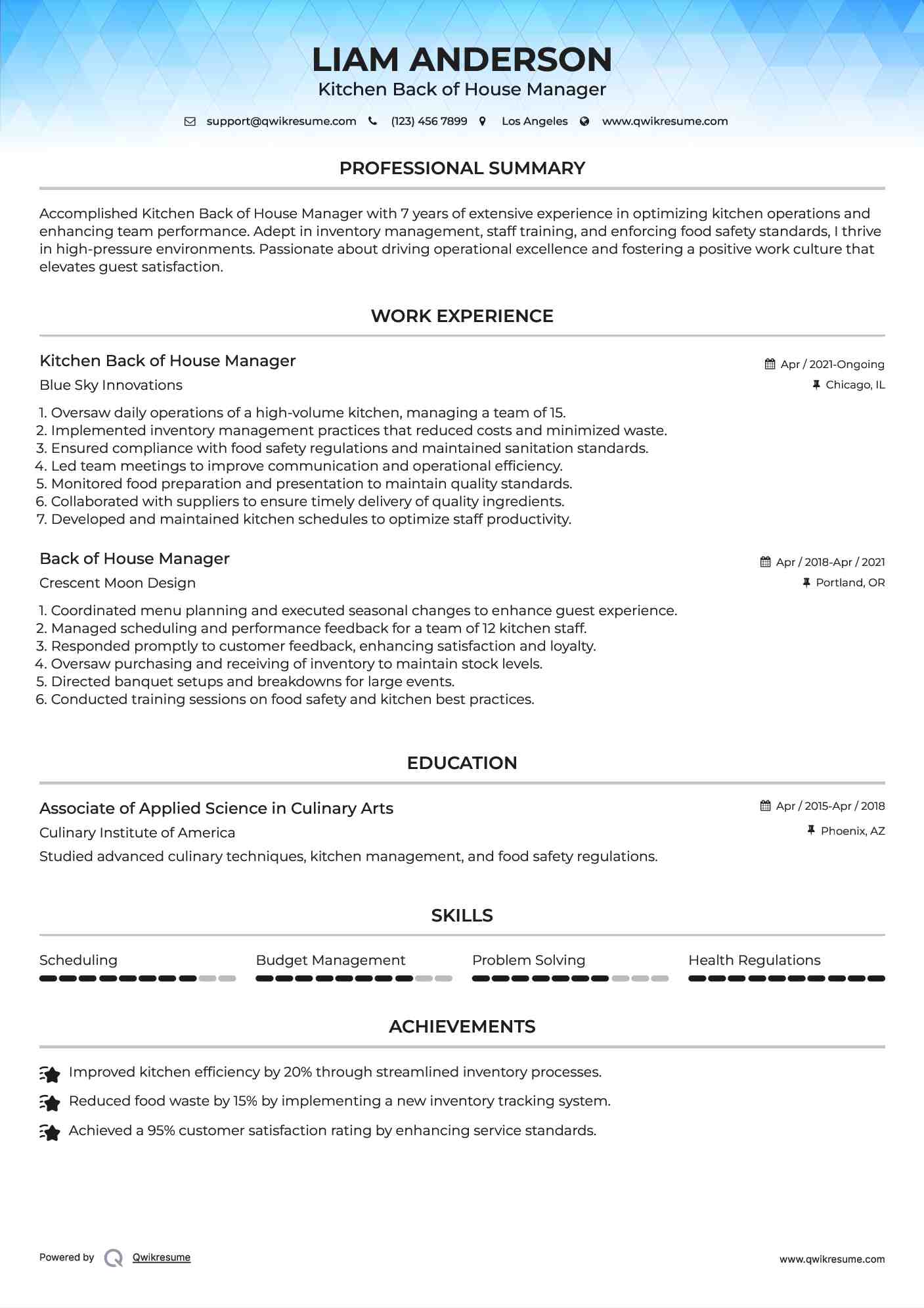 Kitchen Back of House Manager Resume Format