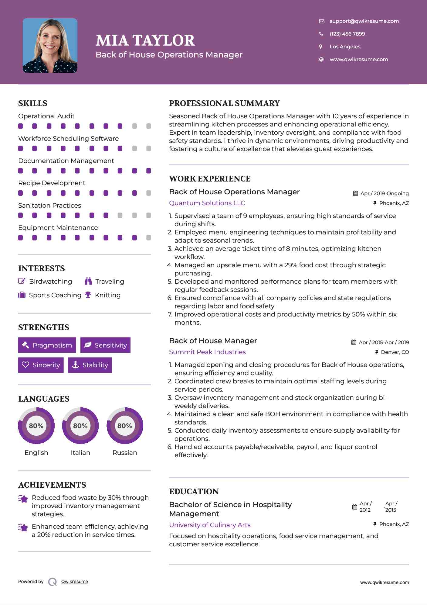 Back of House Operations Manager Resume Template