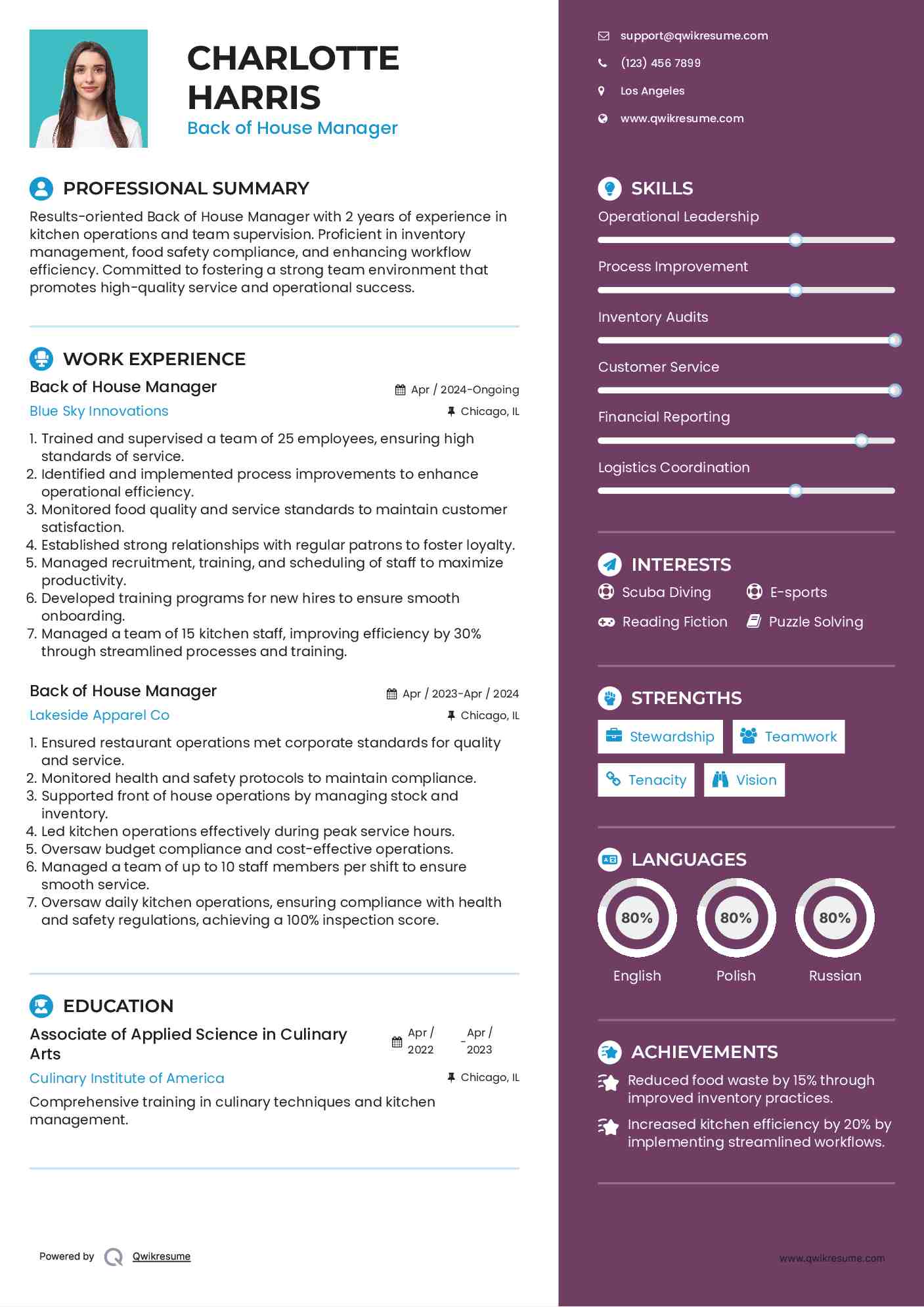 Back of House Manager Resume Example