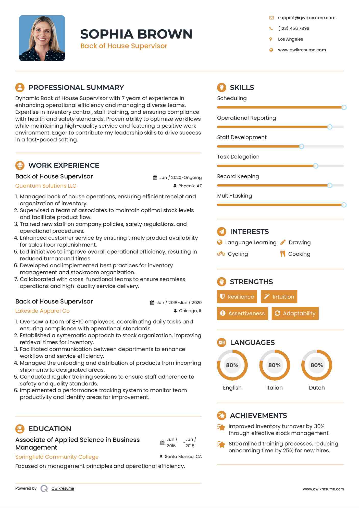 Back of House Supervisor Resume Model