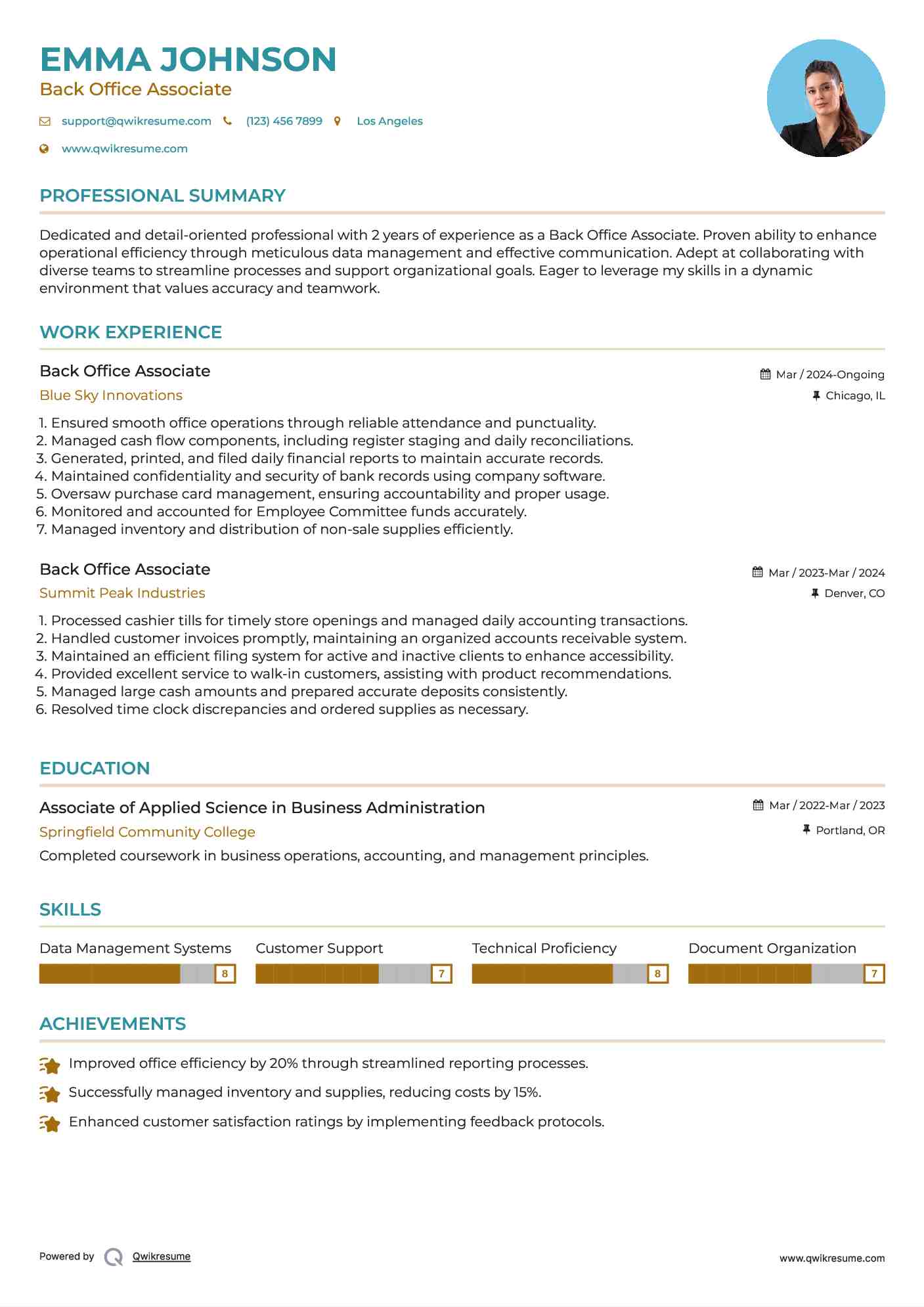 Back Office Associate Resume Template