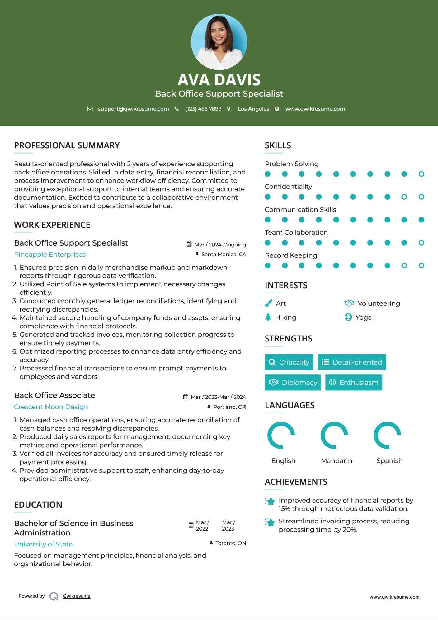 Back Office Support Specialist Resume Sample