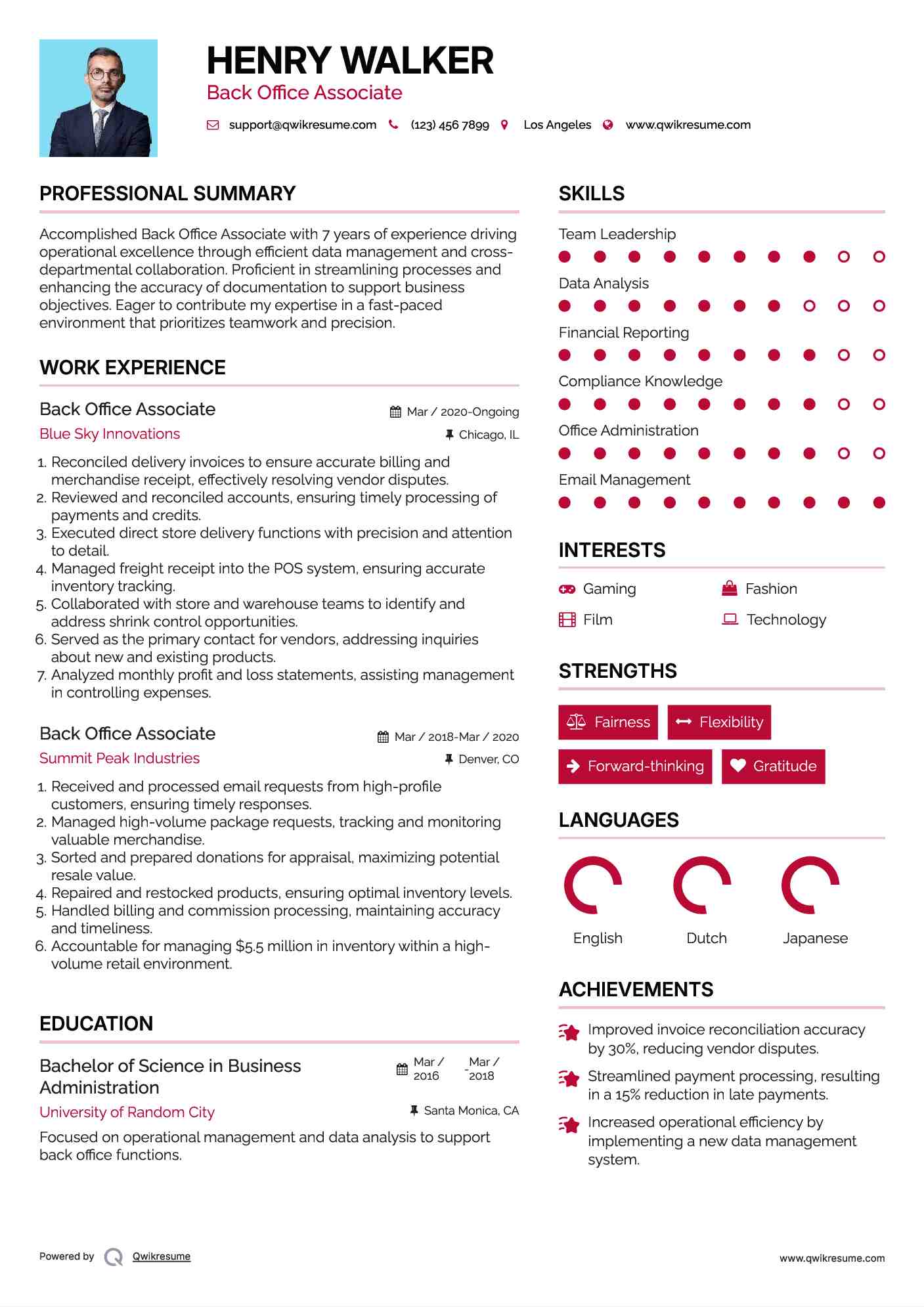 Back Office Associate Resume Example