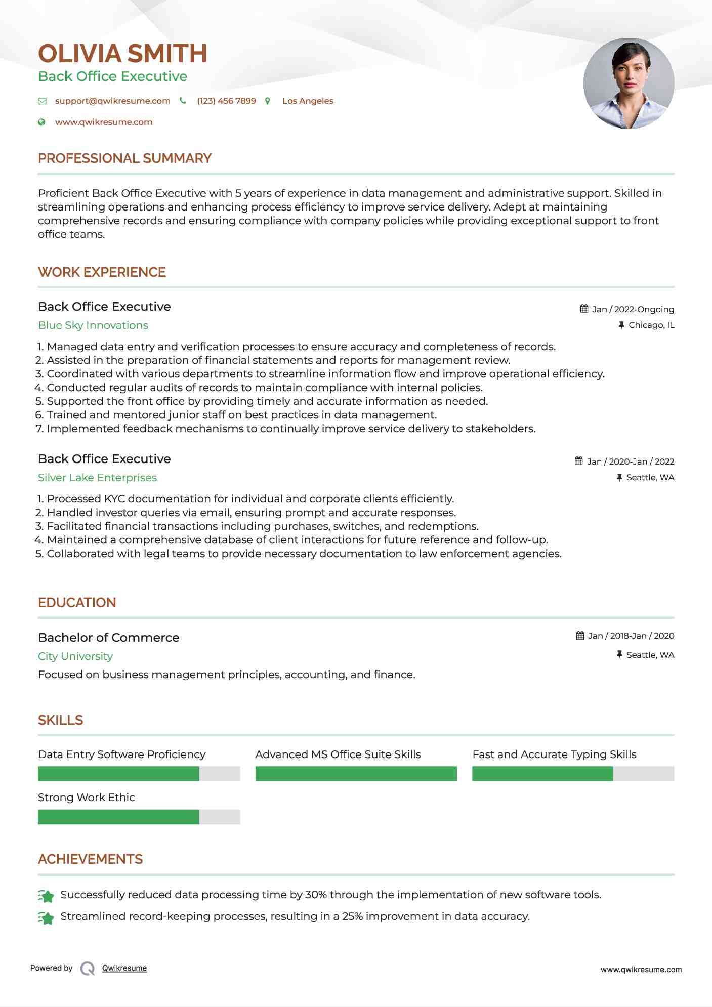 Back Office Executive Resume Template