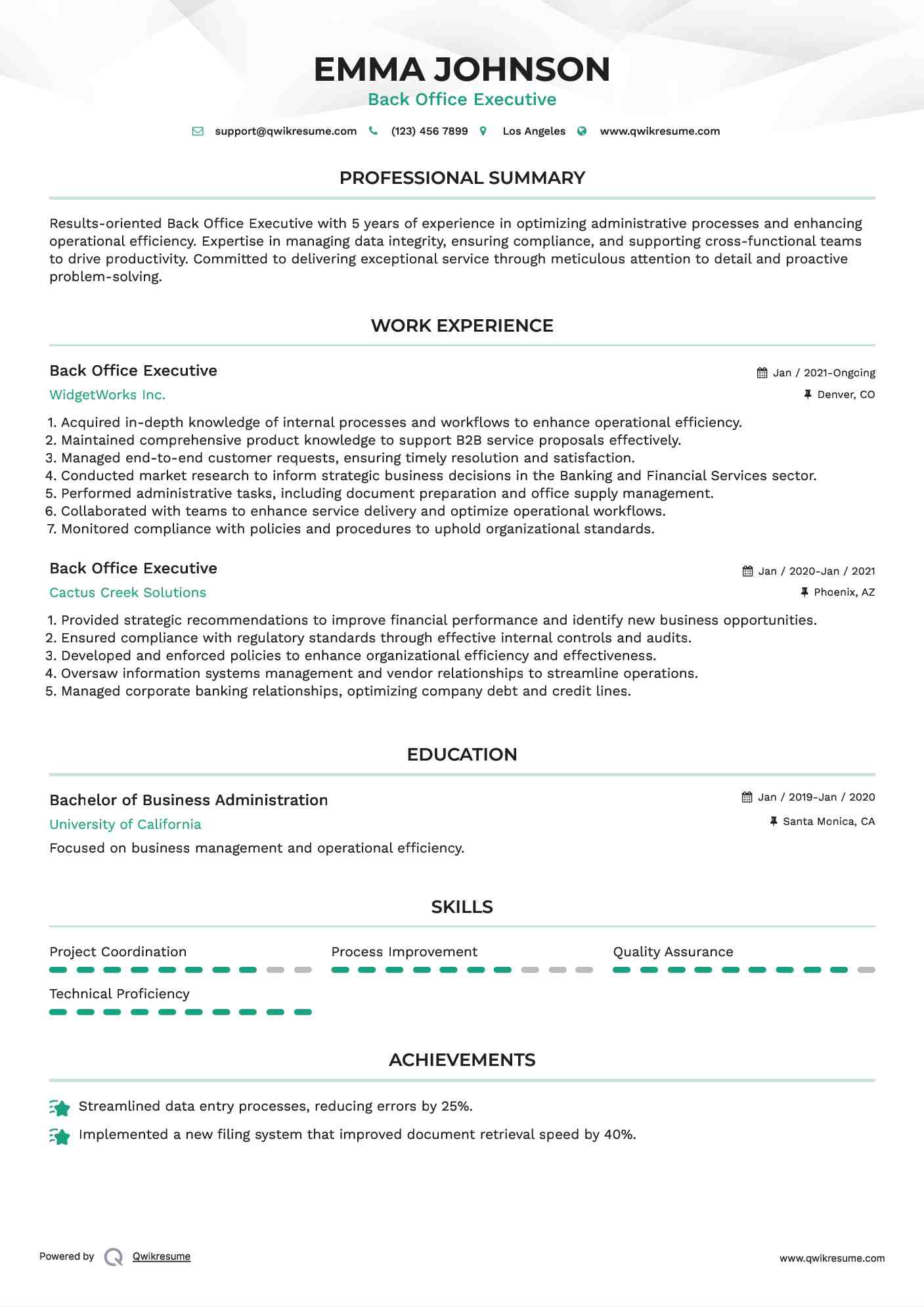 Back Office Executive Resume Format