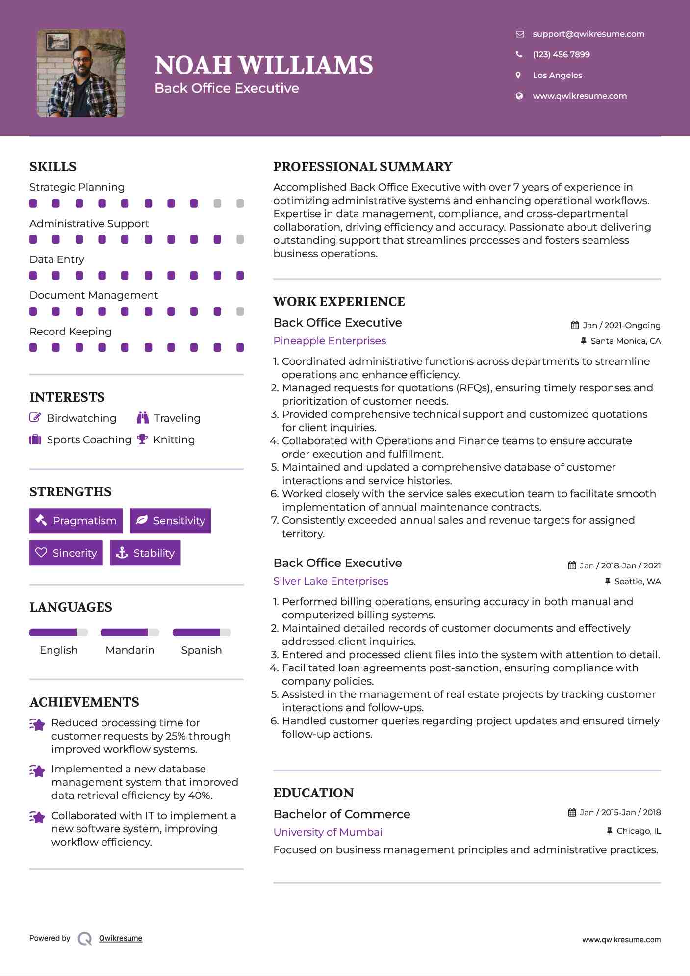 Back Office Executive Resume Sample