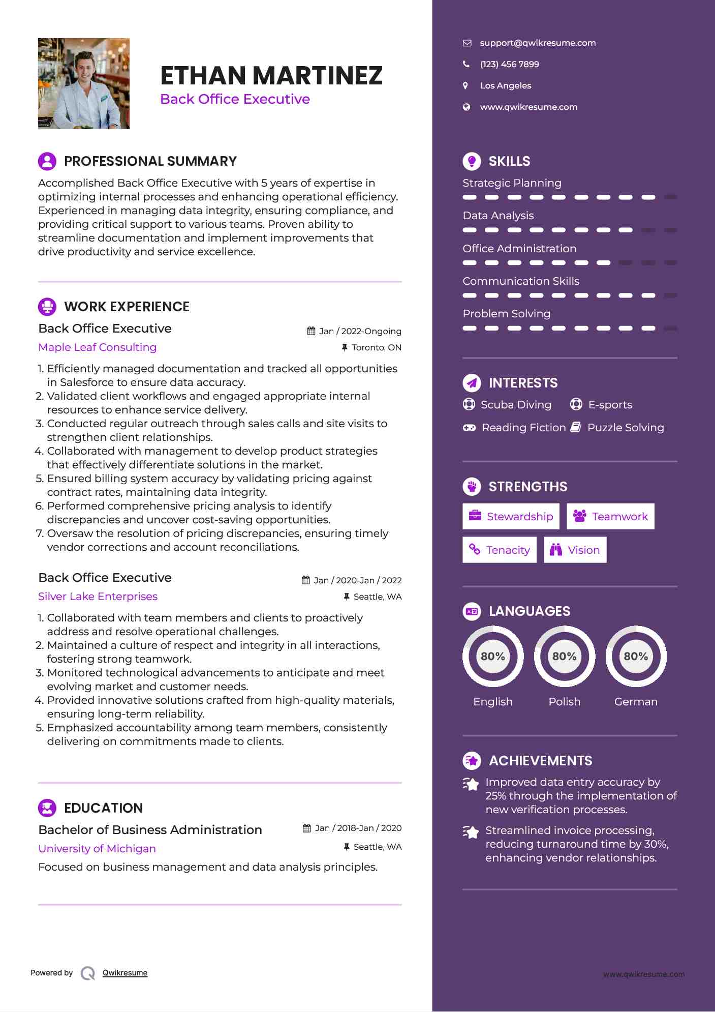 Back Office Executive Resume Model