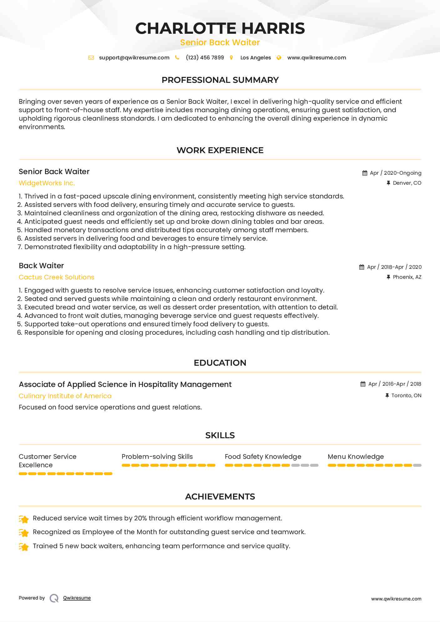 Senior Back Waiter Resume Model