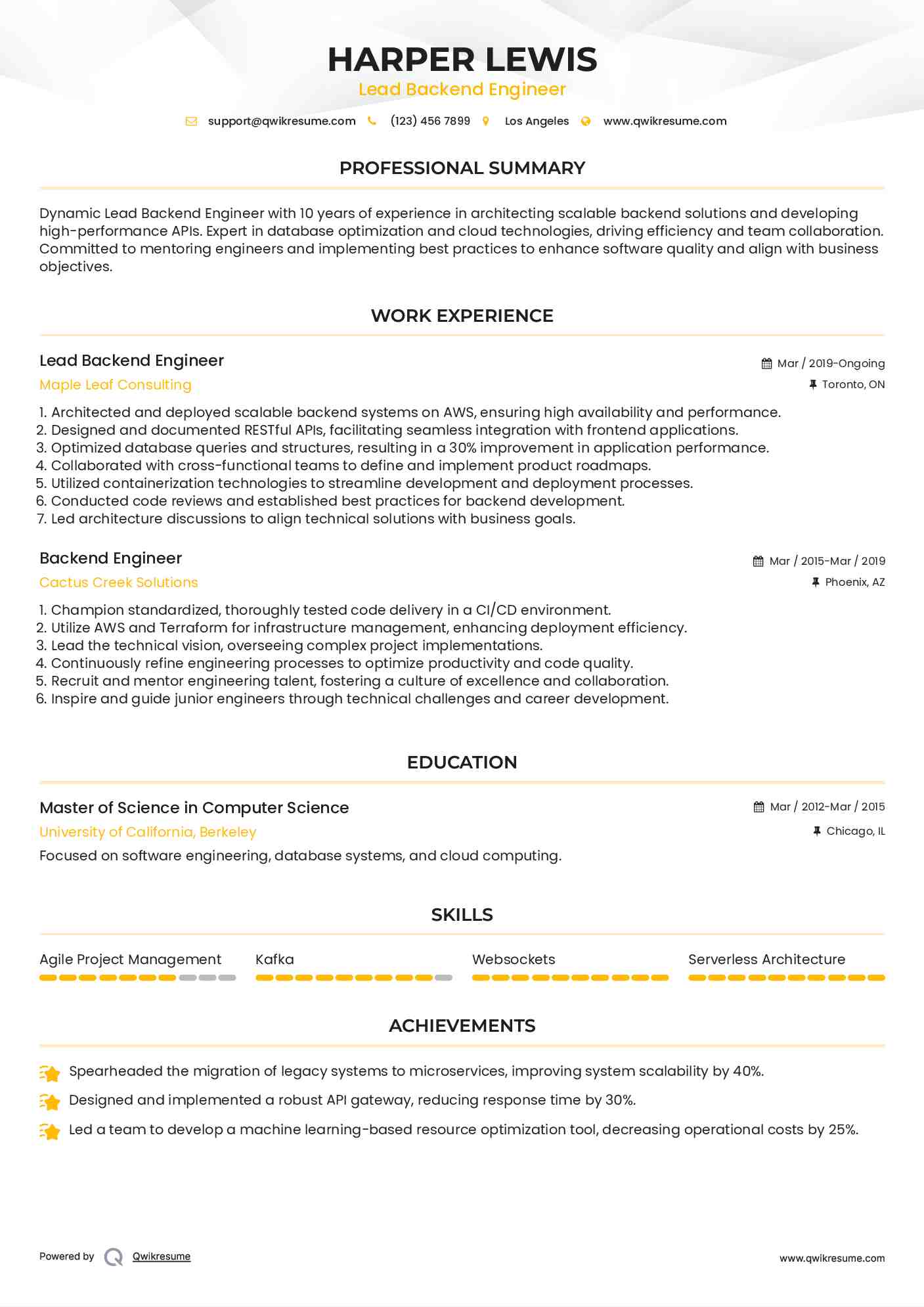 Lead Backend Engineer Resume Model