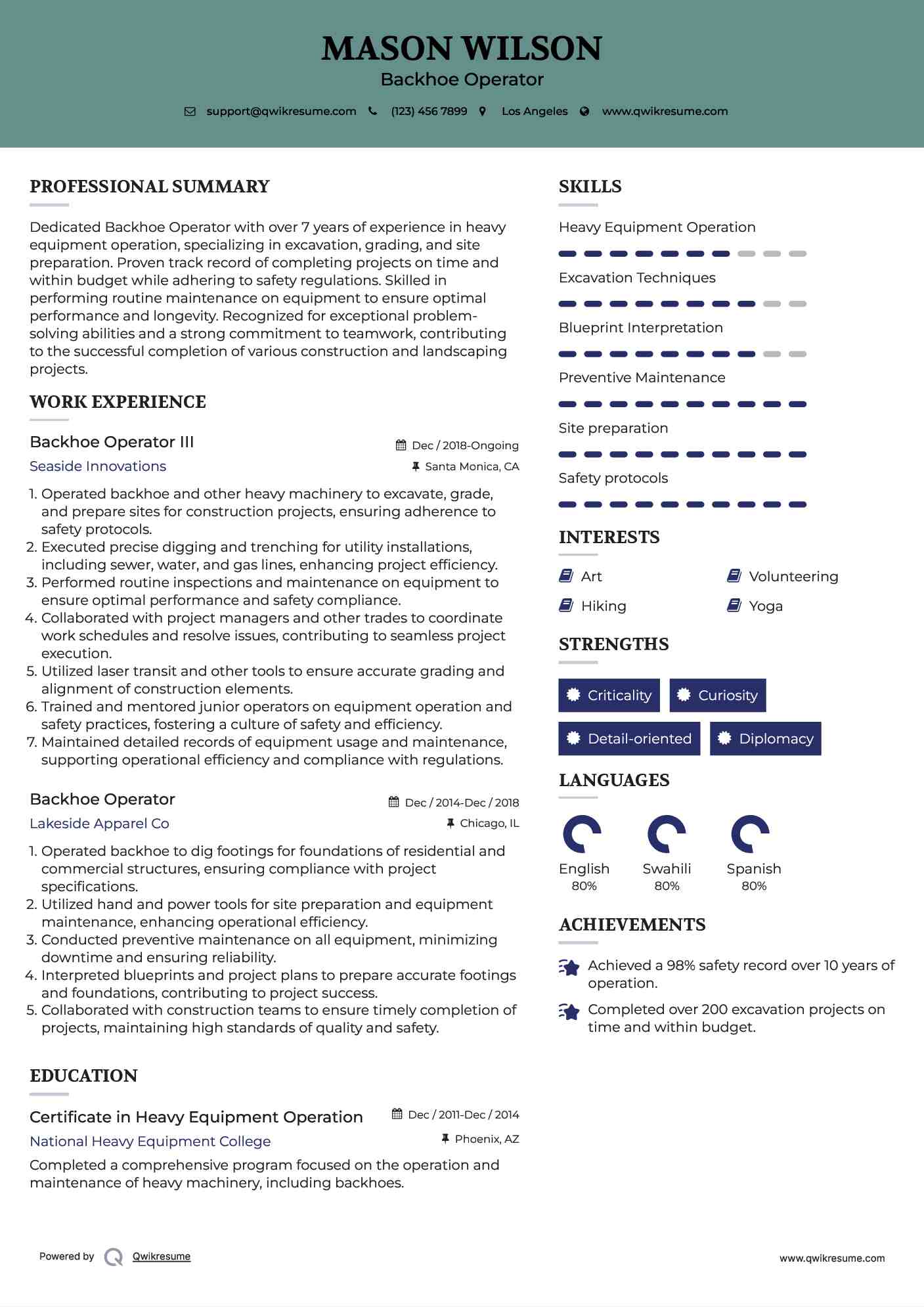 Backhoe Operator III Resume Example