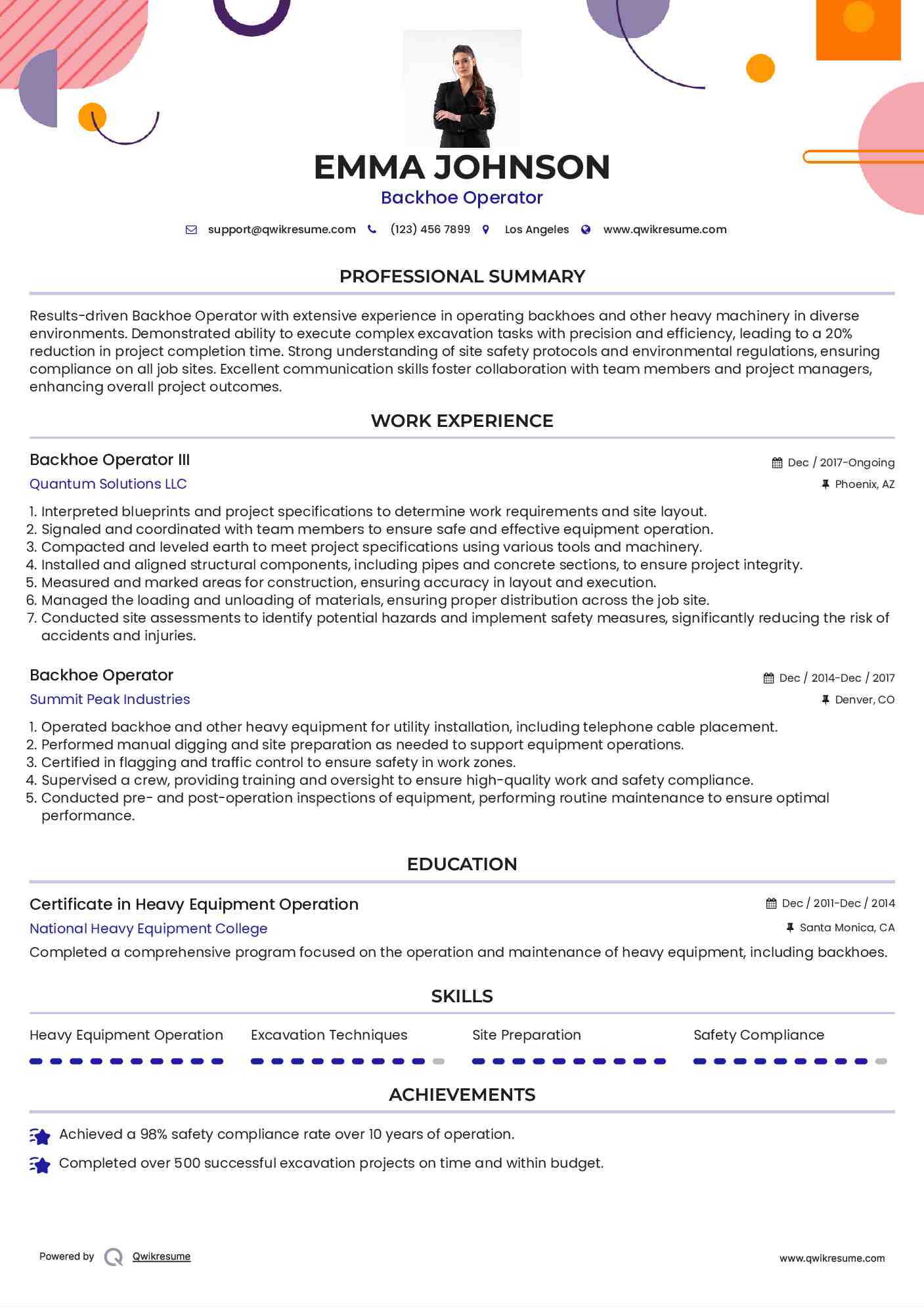 Backhoe Operator III Resume Model